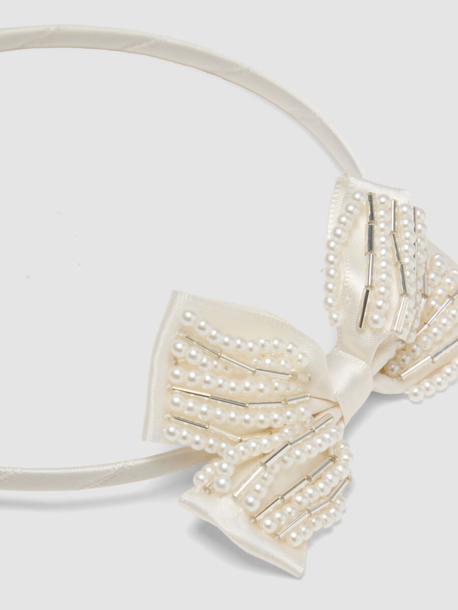 White headband with pearls for girls with bow_1