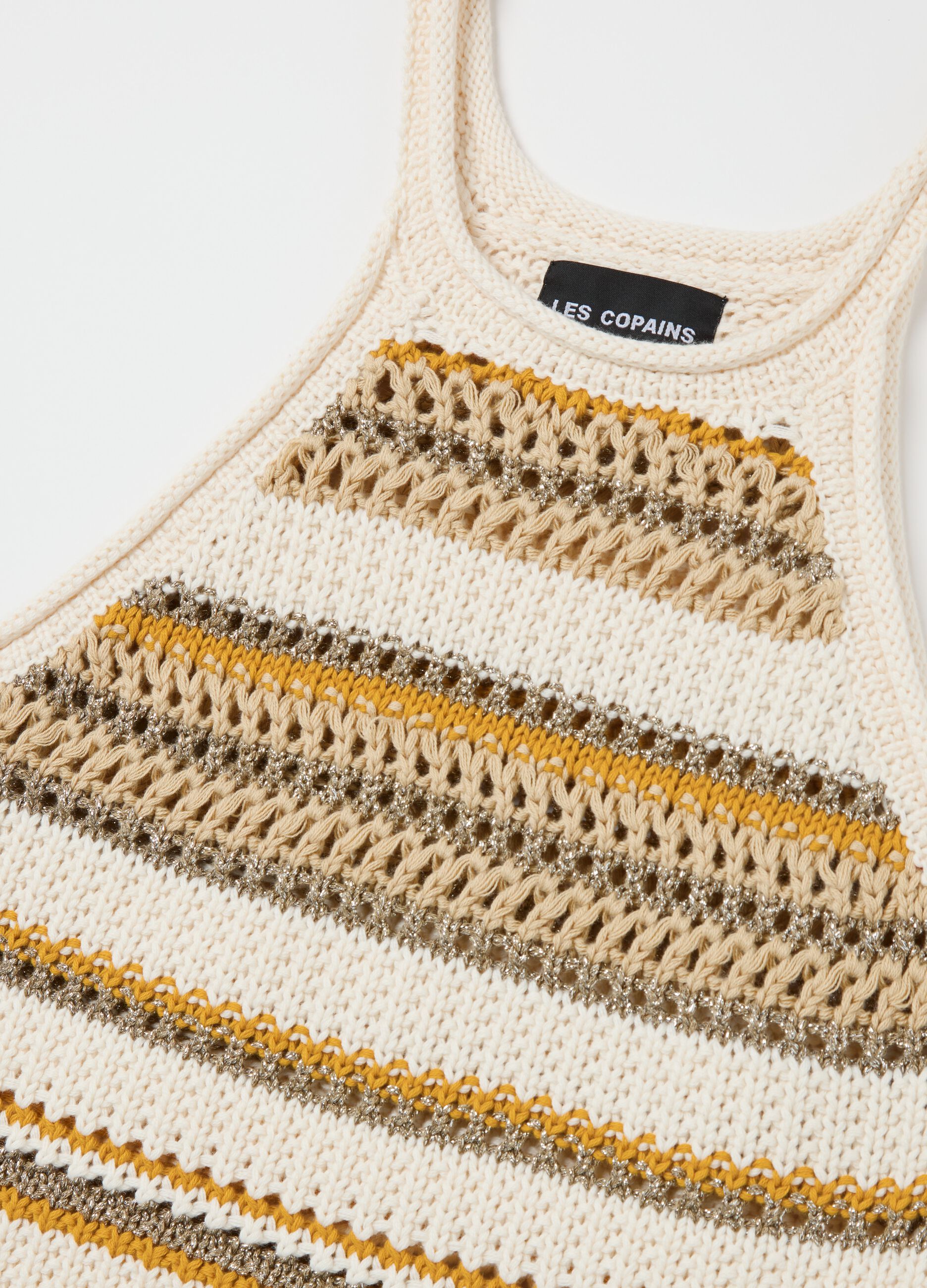 Beige and yellow striped crochet tank top with lurex details