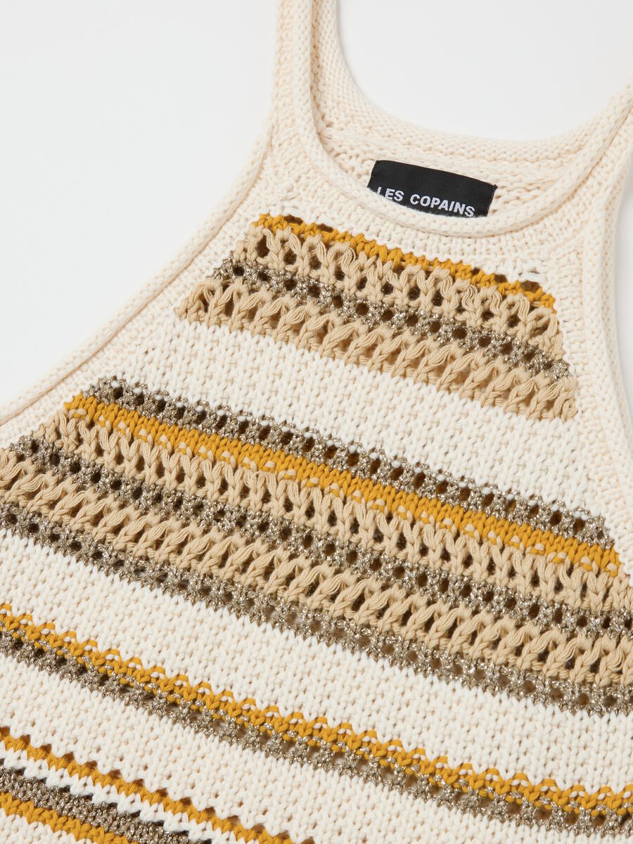 Beige and yellow striped crochet tank top with lurex details_5