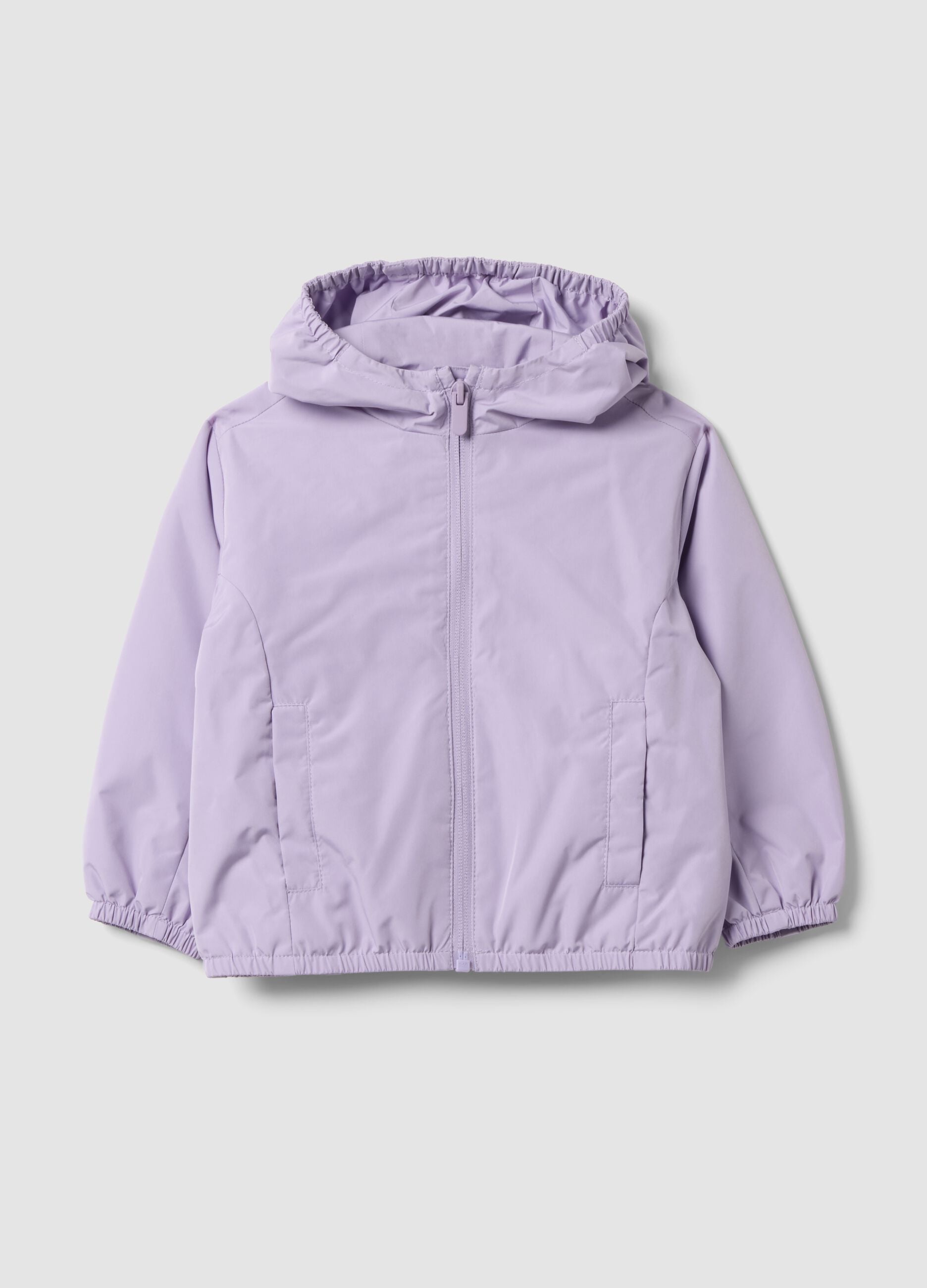 Giacca antipioggia viola con cappuccio e zip per bimba