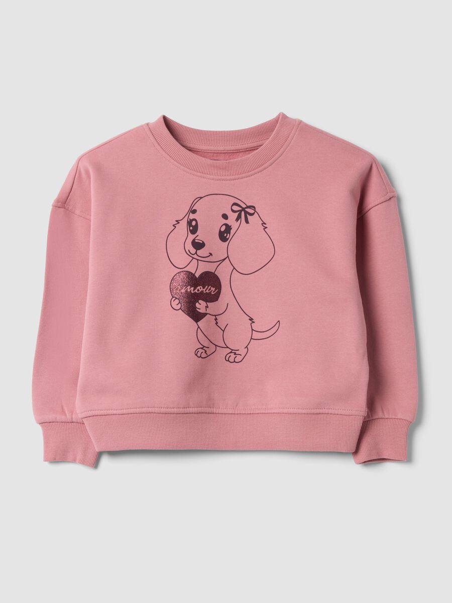 Felpa rosa in puro cotone con girocollo e stampa cagnolino_0