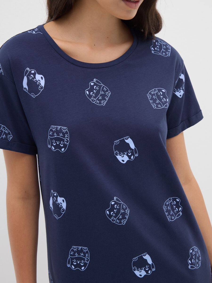 Camicia da notte blu con stampa in puro cotone_2