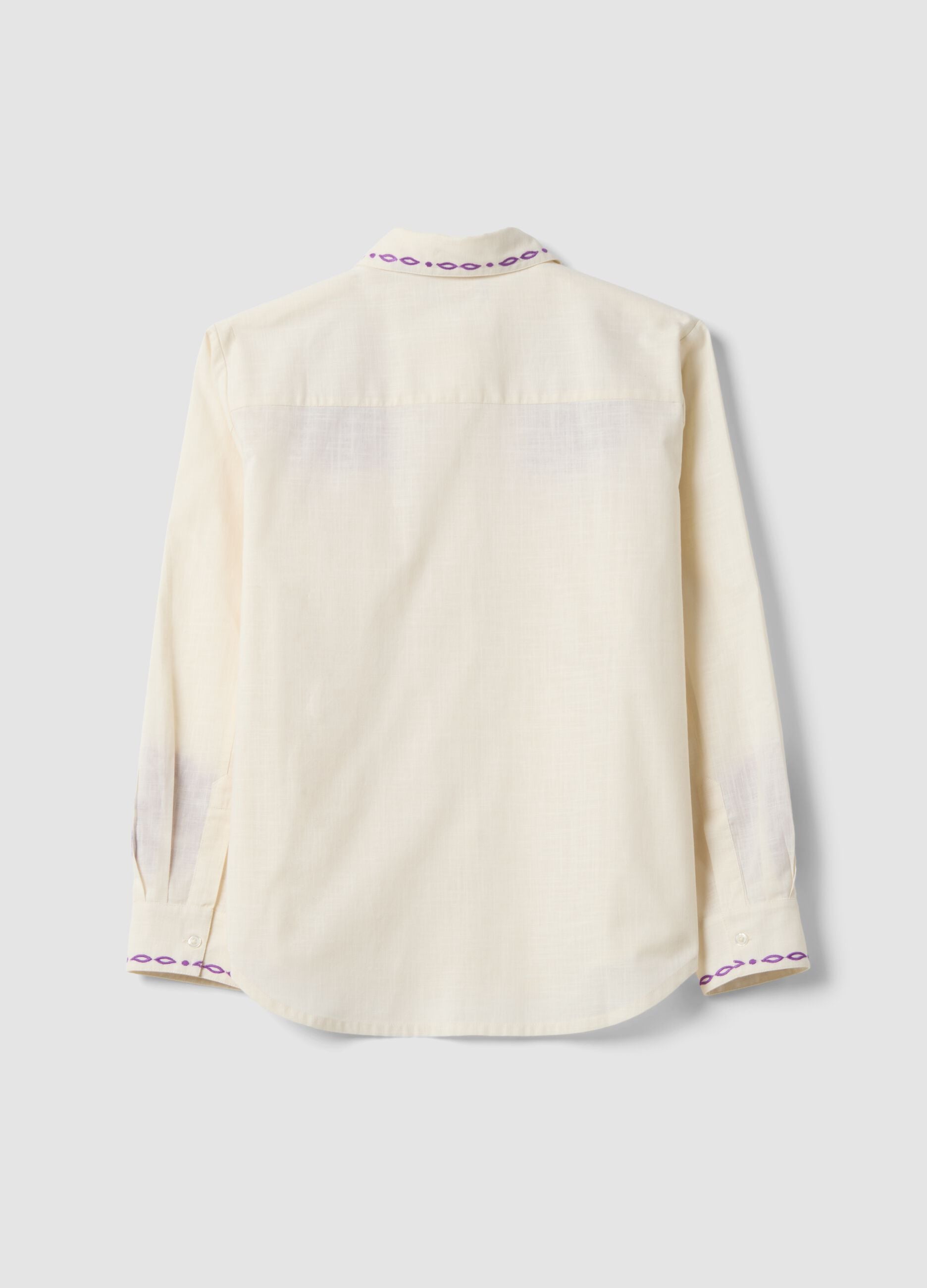 White pure cotton oversized shirt with purple embroidery