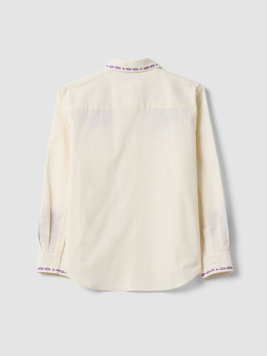 White pure cotton oversized shirt with purple embroidery_2