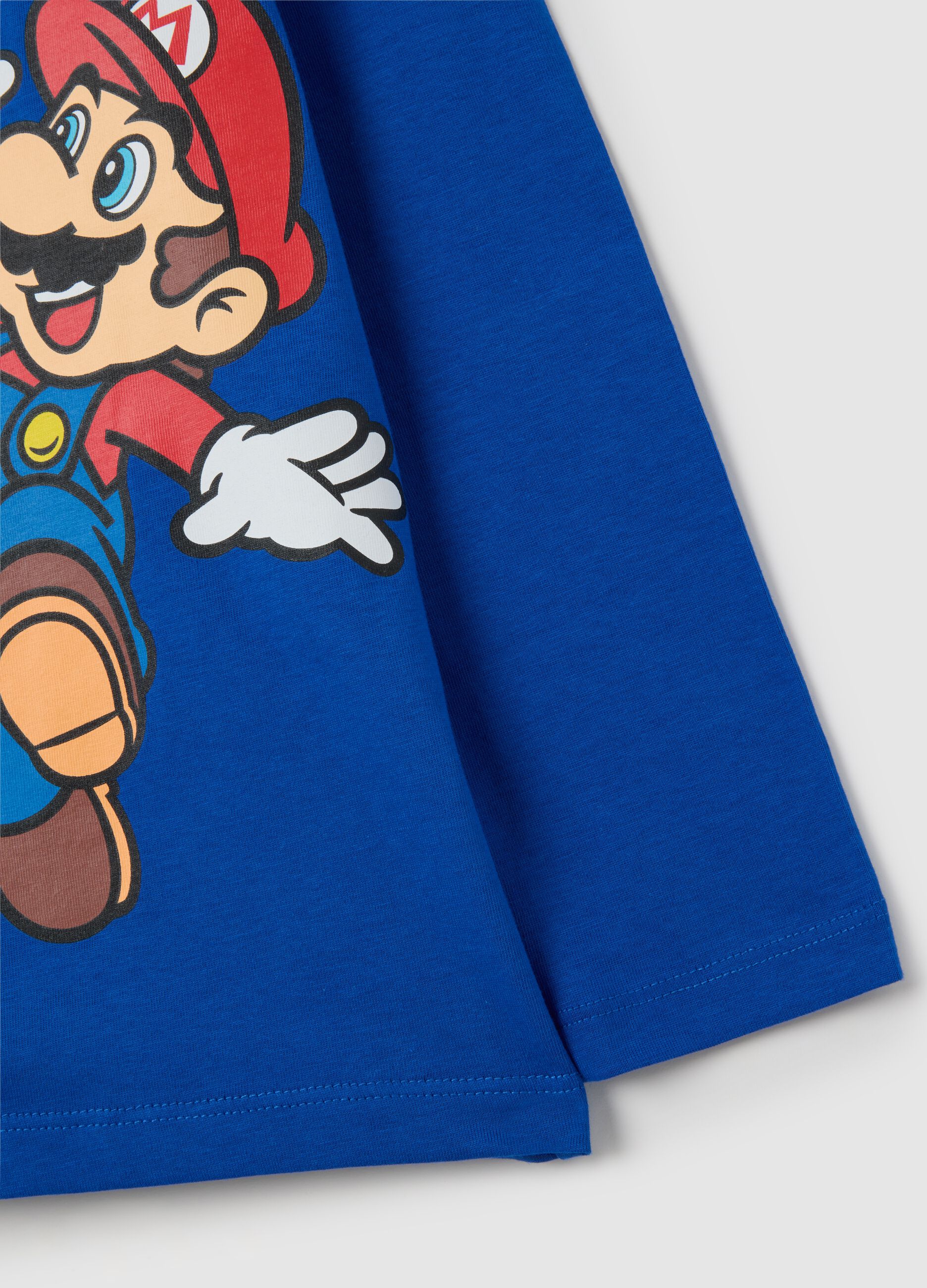 Children's blue pure cotton T-shirt with Super Mario print