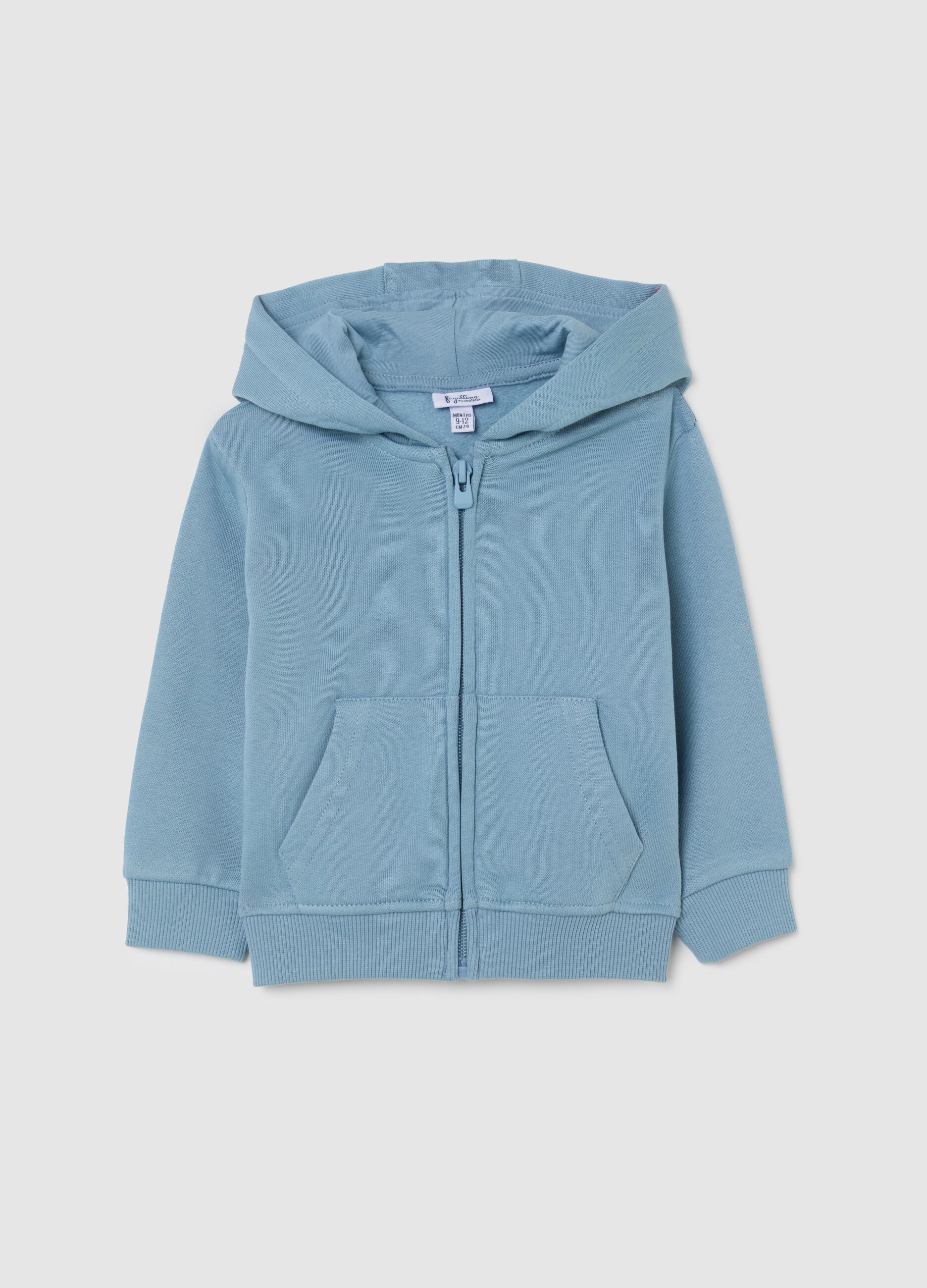Blue children's sweatshirt in pure cotton, regular fit with hood and zip