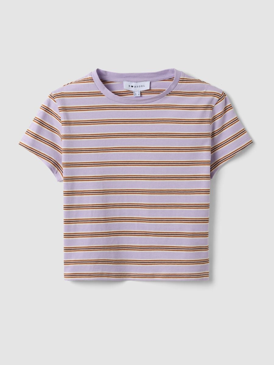 T-shirt crop viola in puro cotone a righe con stampa_4