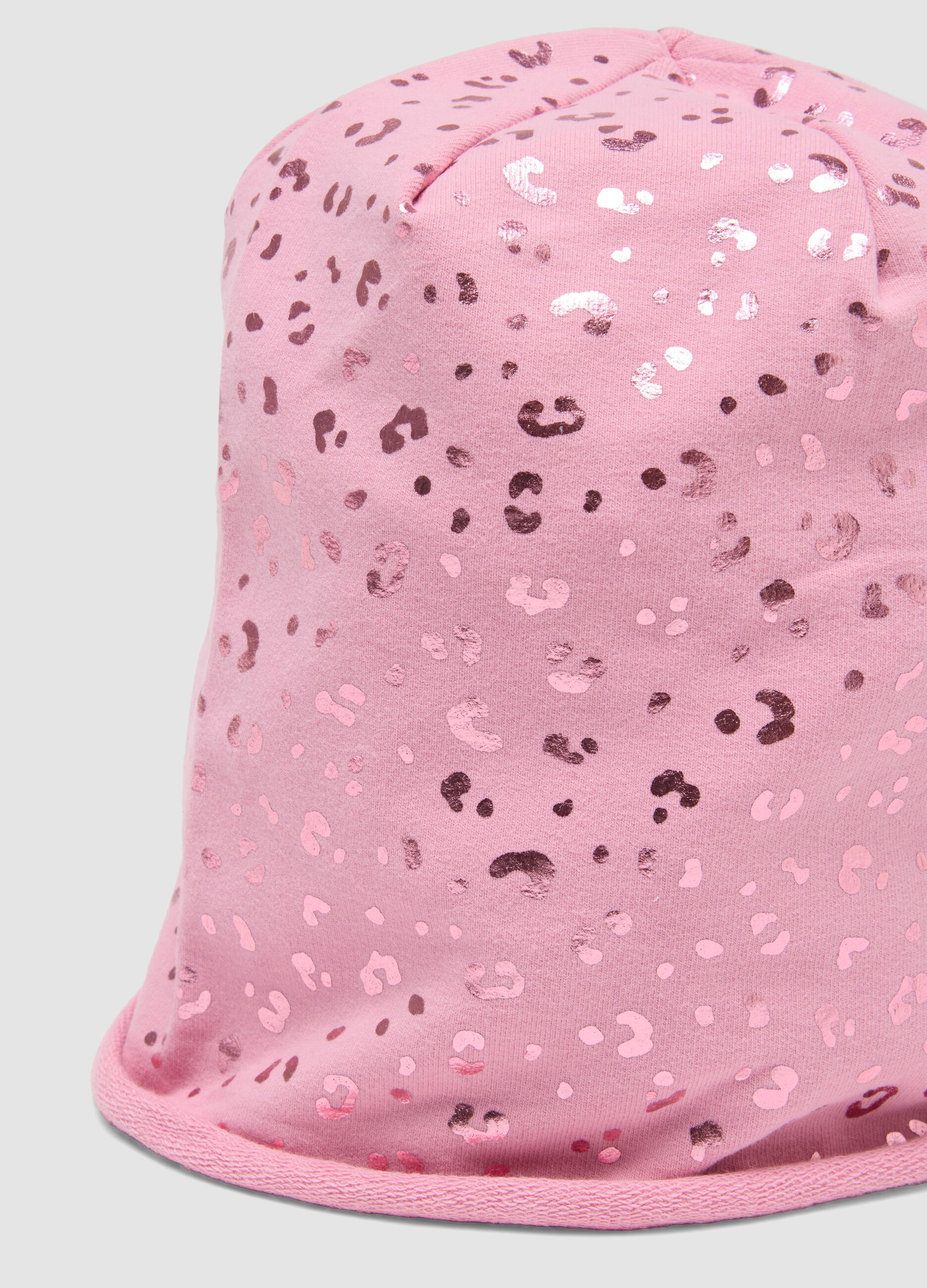 Pink stretch cotton hat with glossy animal print for girls
