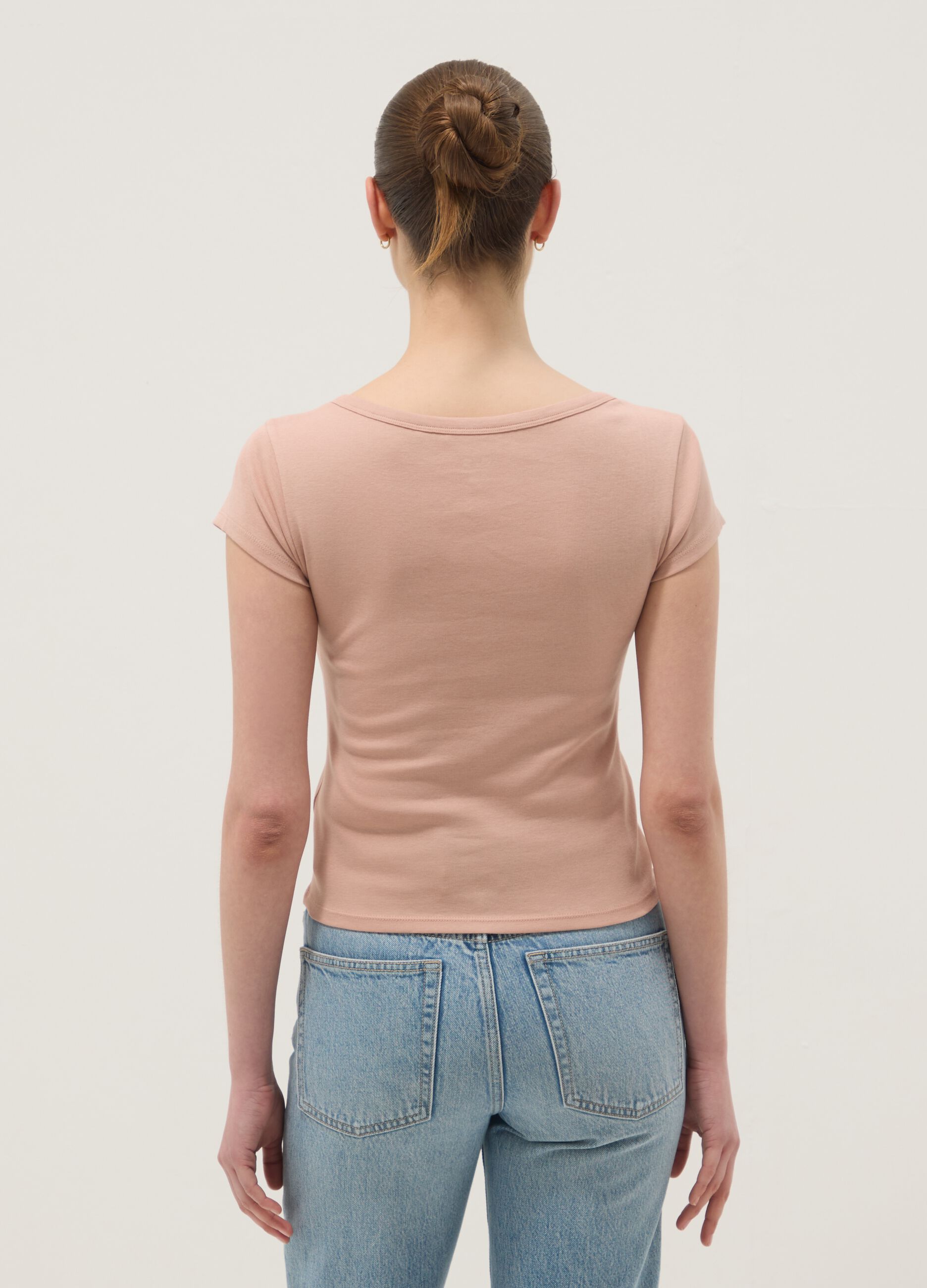 Pink pure cotton regular fit T-shirt with deep serafino neckline