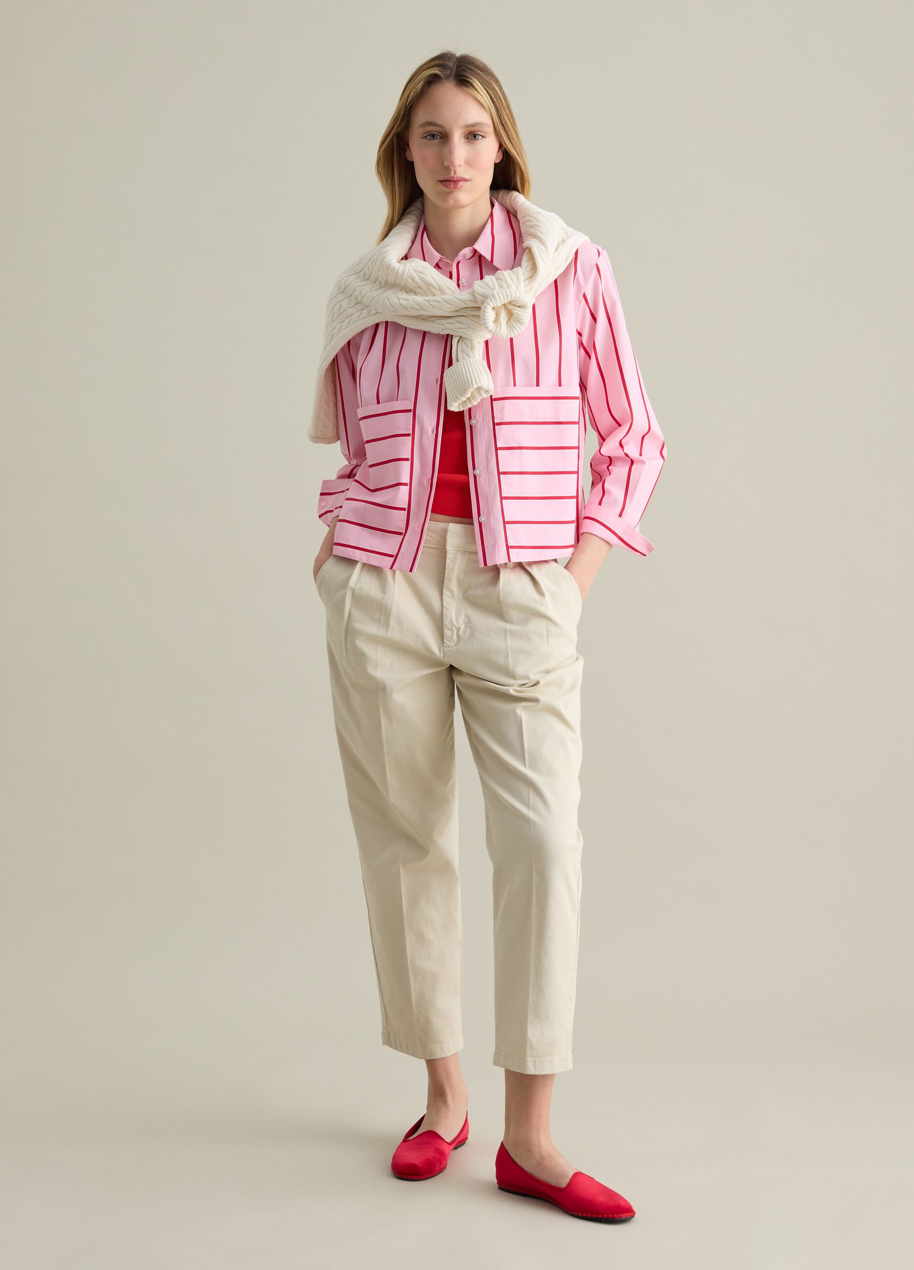 Camicia boxy fit in popeline con fantasia a righe rosa