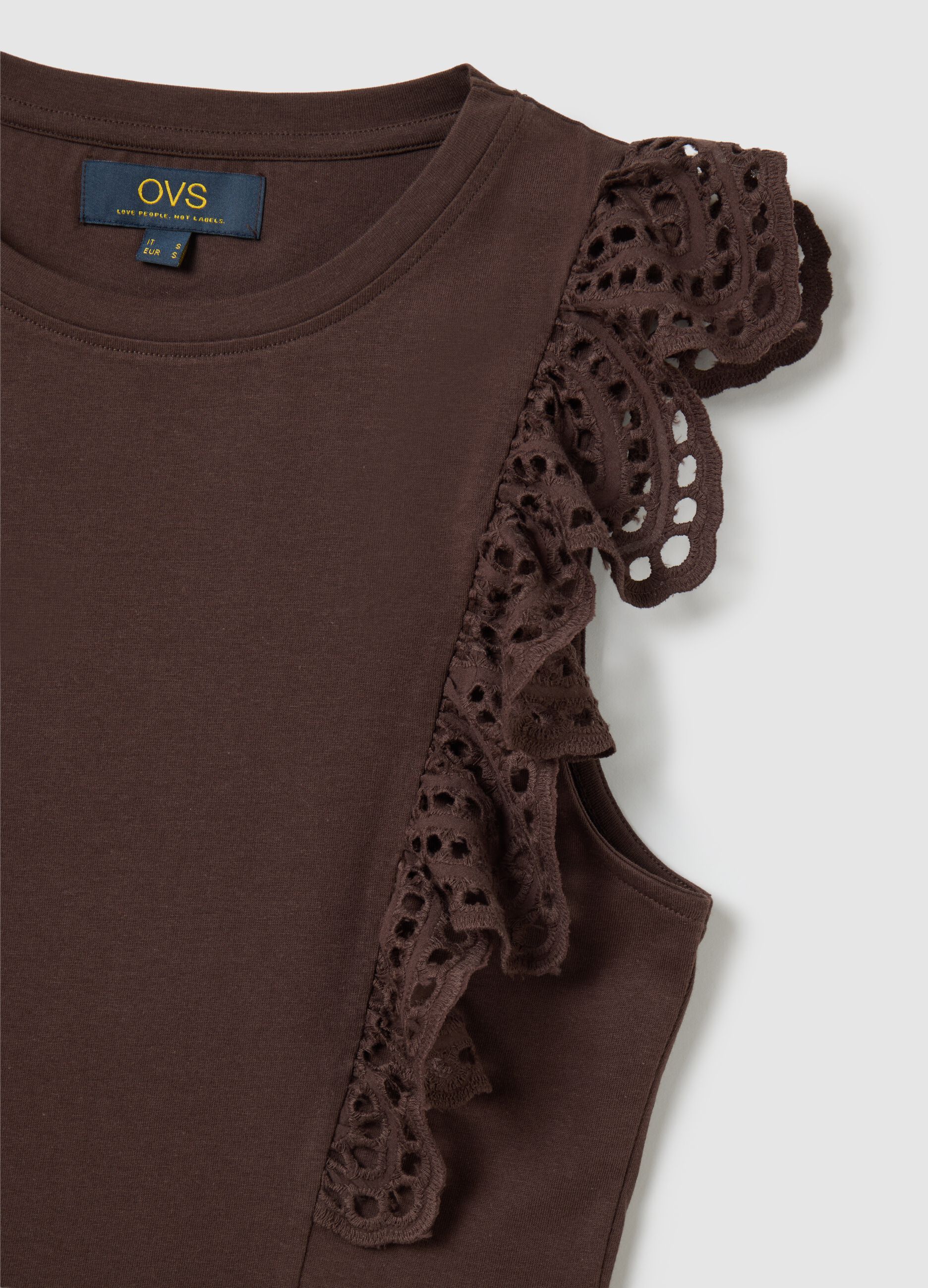 Top da donna in puro cotone marrone regular fit con pizzo