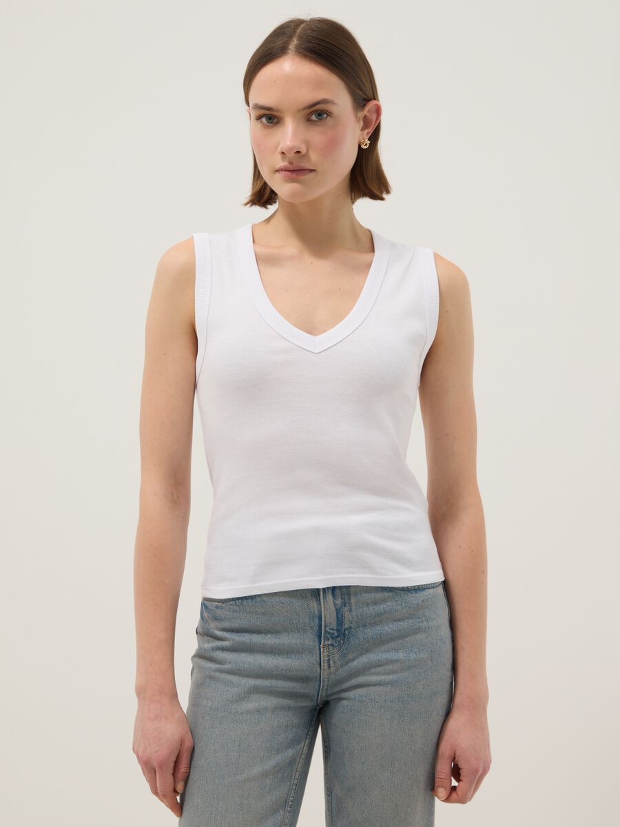 Tank top in puro cotone bianco regular fit con collo a V_0
