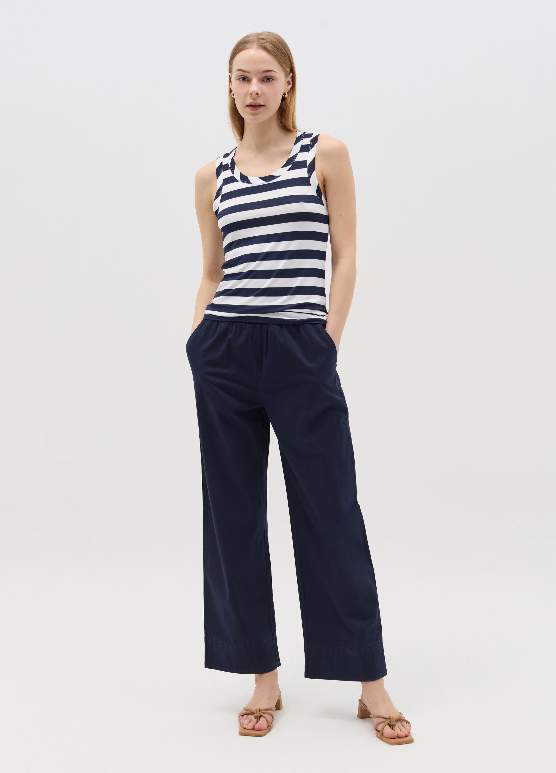 Pantalone a gamba larga in cotone stretch blu navy