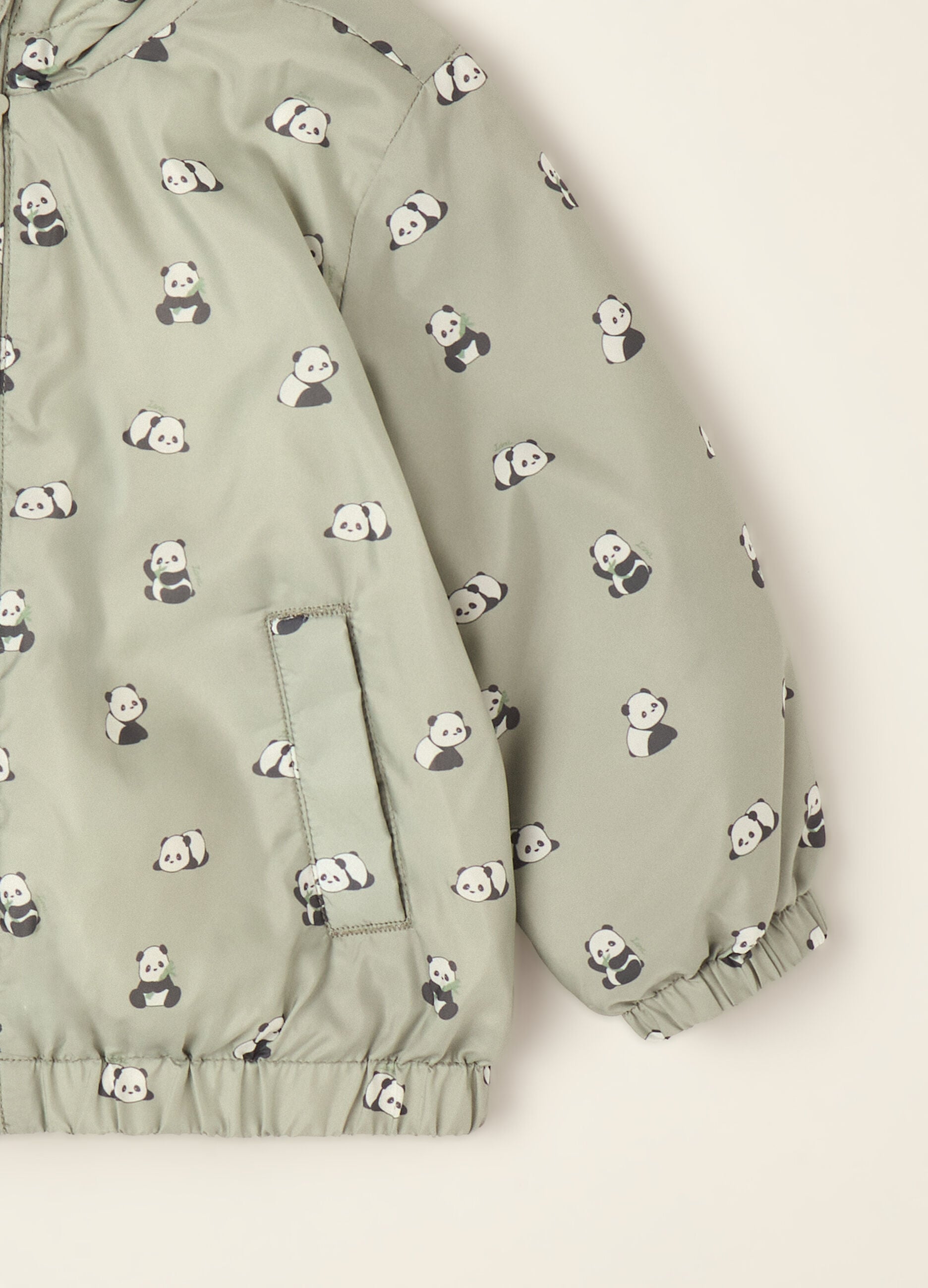 Green padded jacket with hood and panda print