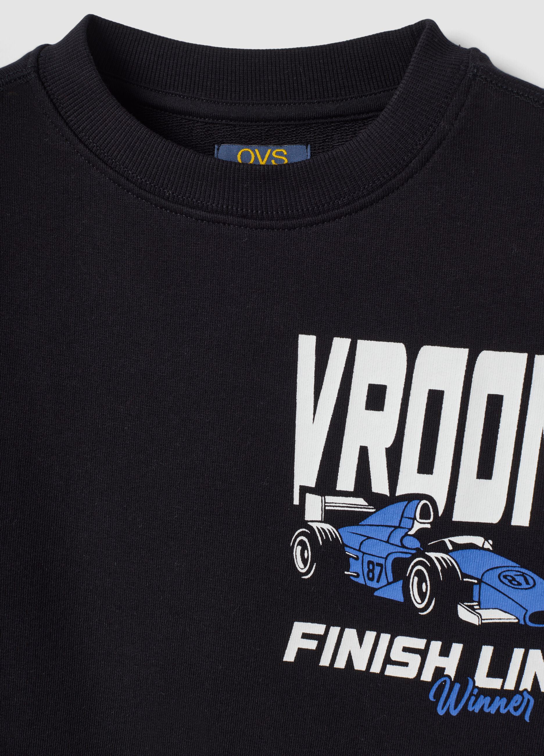 Felpa nera in puro cotone con girocollo e stampa racing over fit