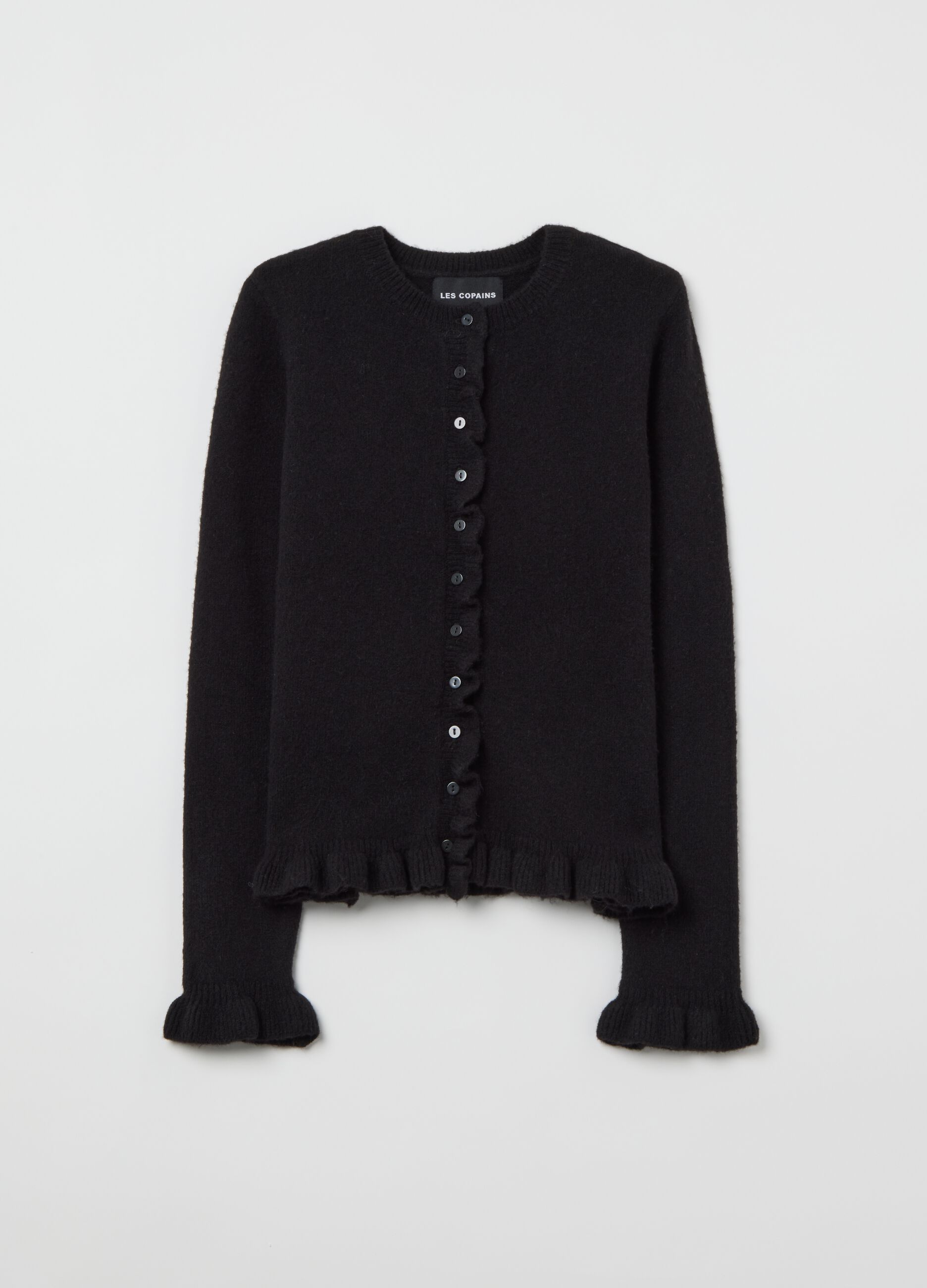 Black Cardigan with Ruffle in Mixed Materials