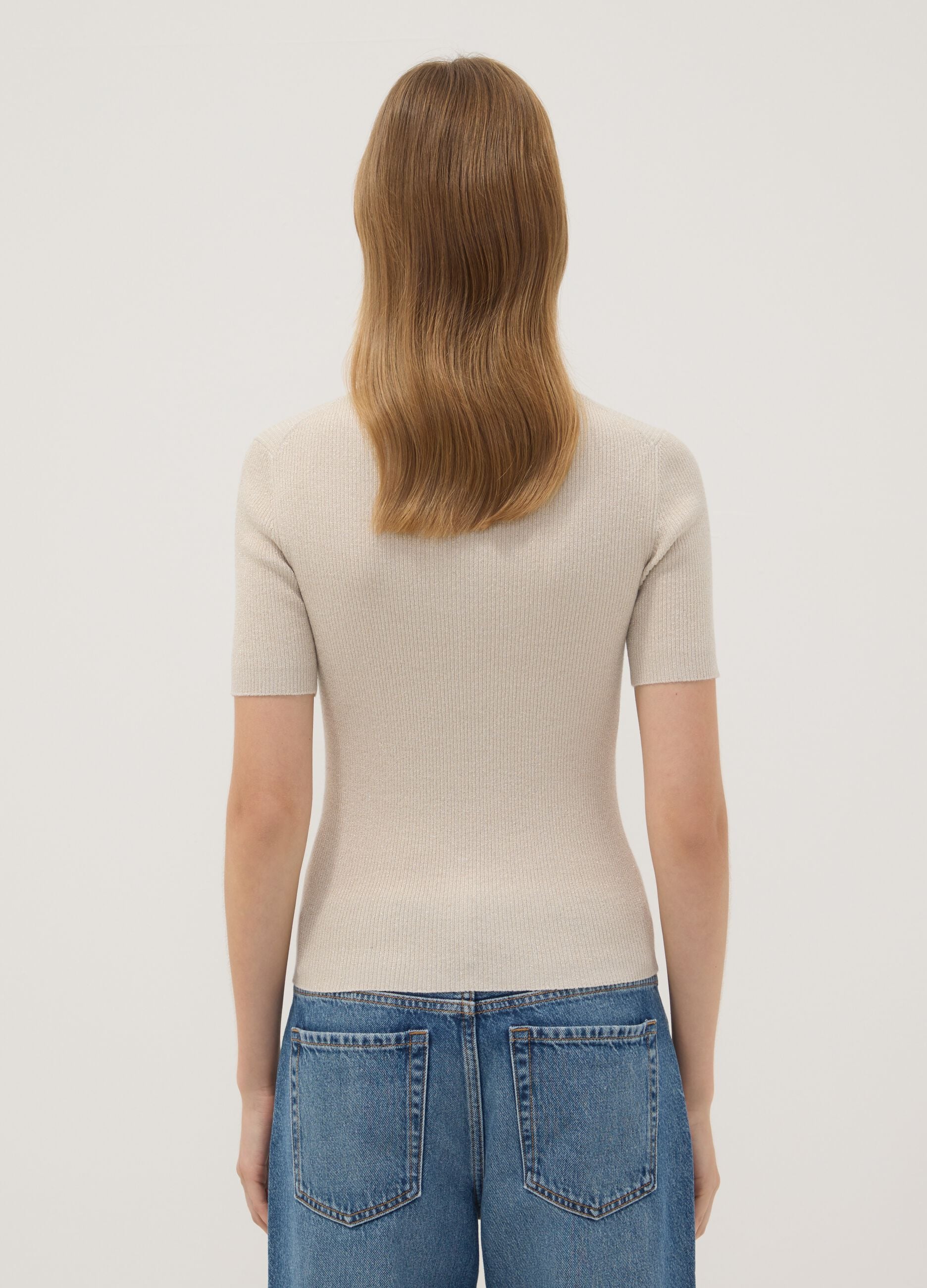 Beige fitted ribbed viscose-blend knit top