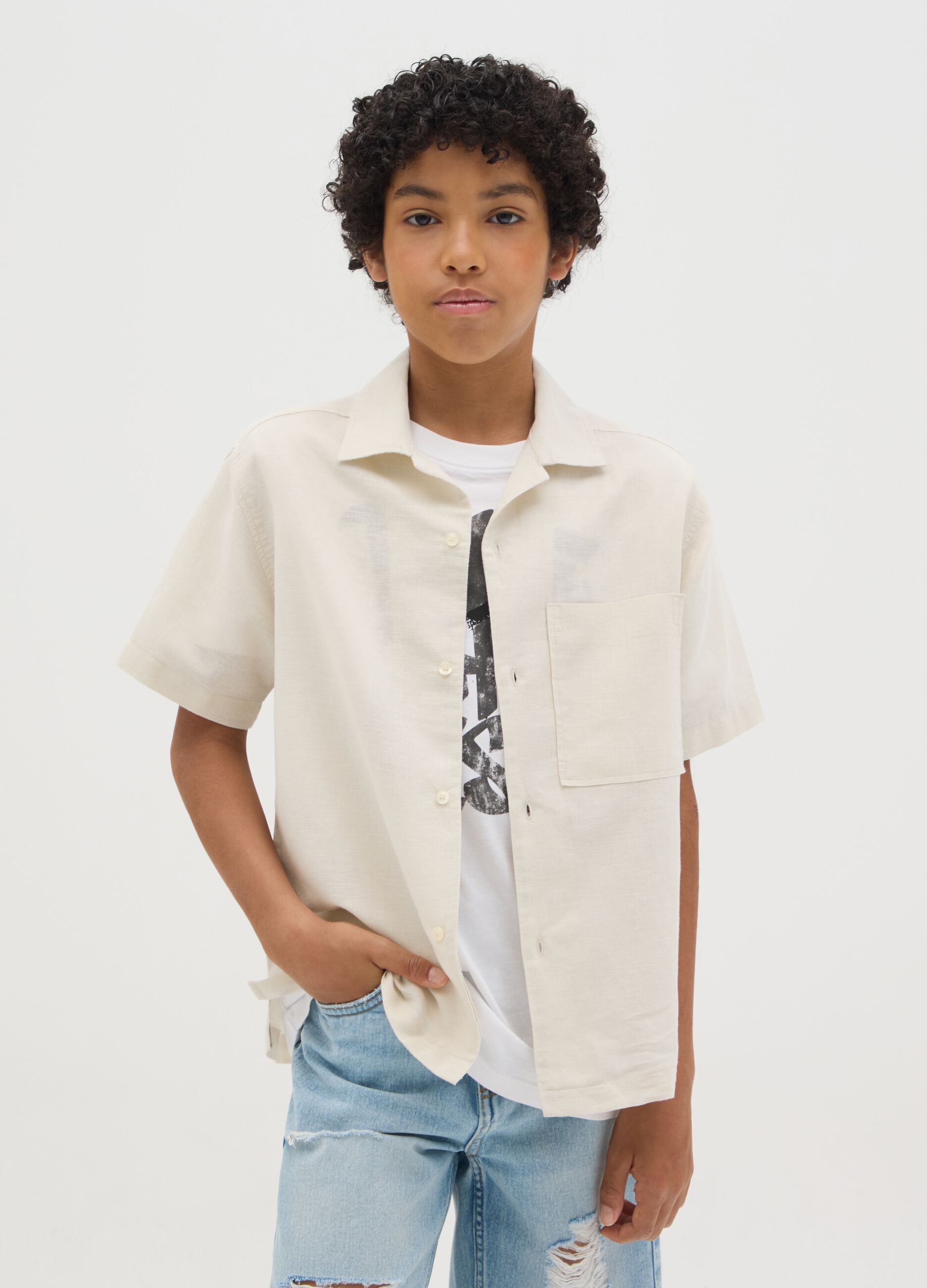Camicia da ragazzo in misto lino beige over