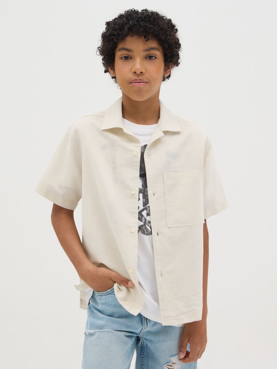 Camicia da ragazzo in misto lino beige over_0