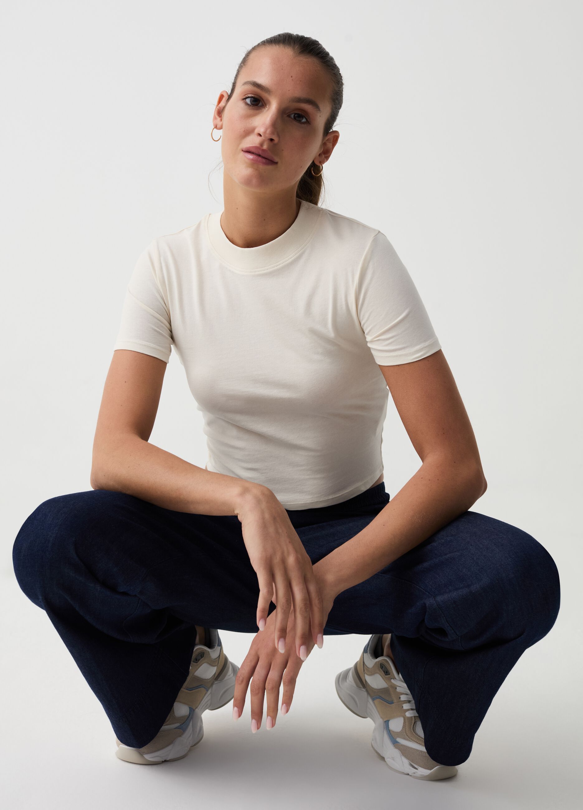 Cropped T-shirt with mock neck