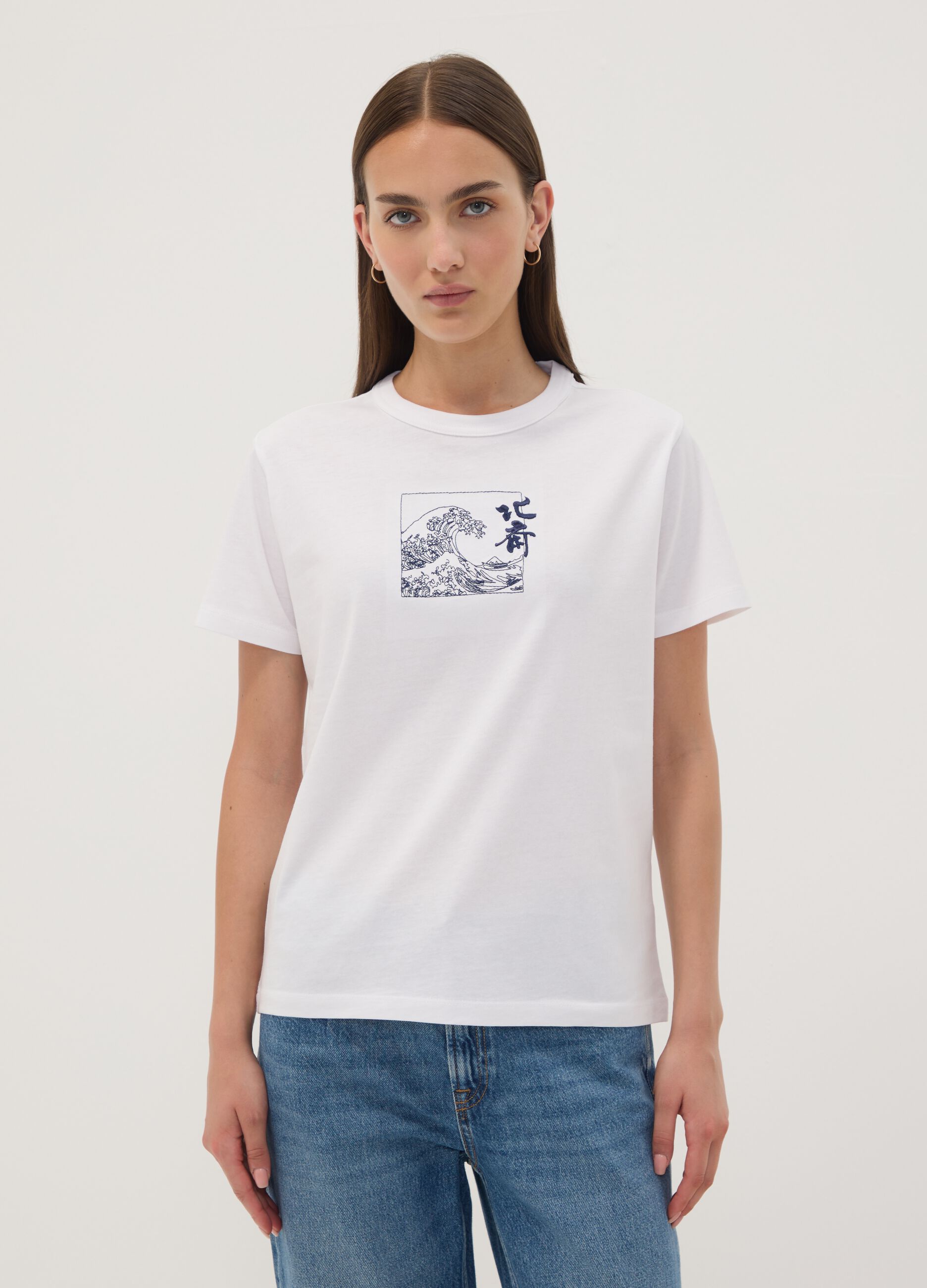 White pure cotton T-shirt with Hokusai print