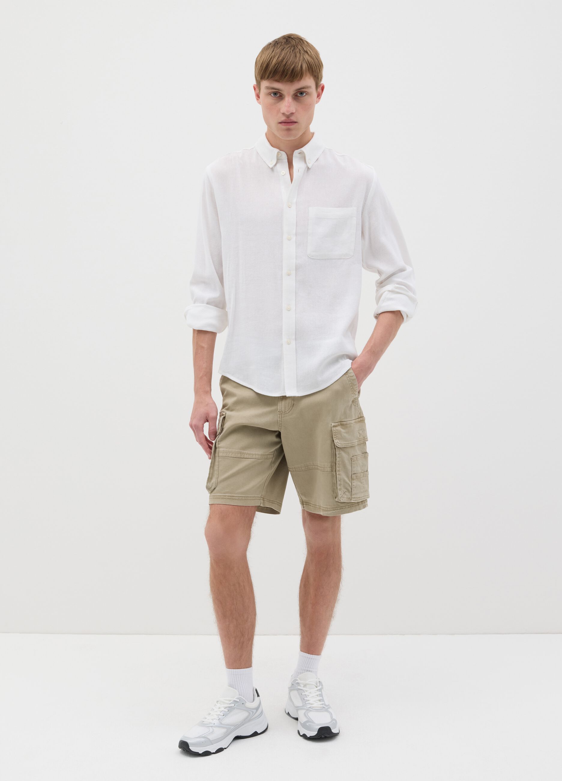 Camicia bianca in cotone viscosa e lino