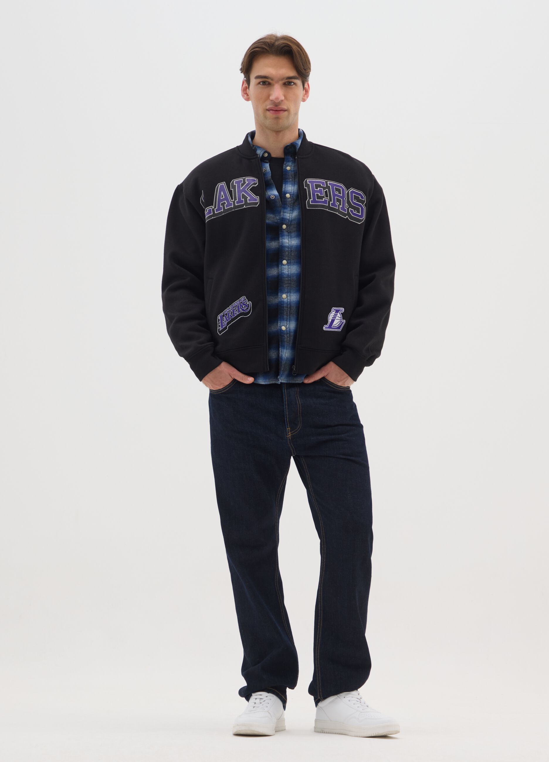 Black cotton-blend bomber jacket with Los Angeles Lakers prints