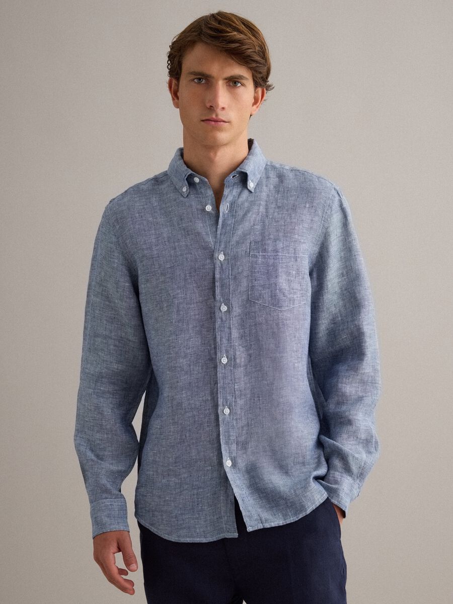 Camicia azzurra in puro lino con collo button down regular fit_0