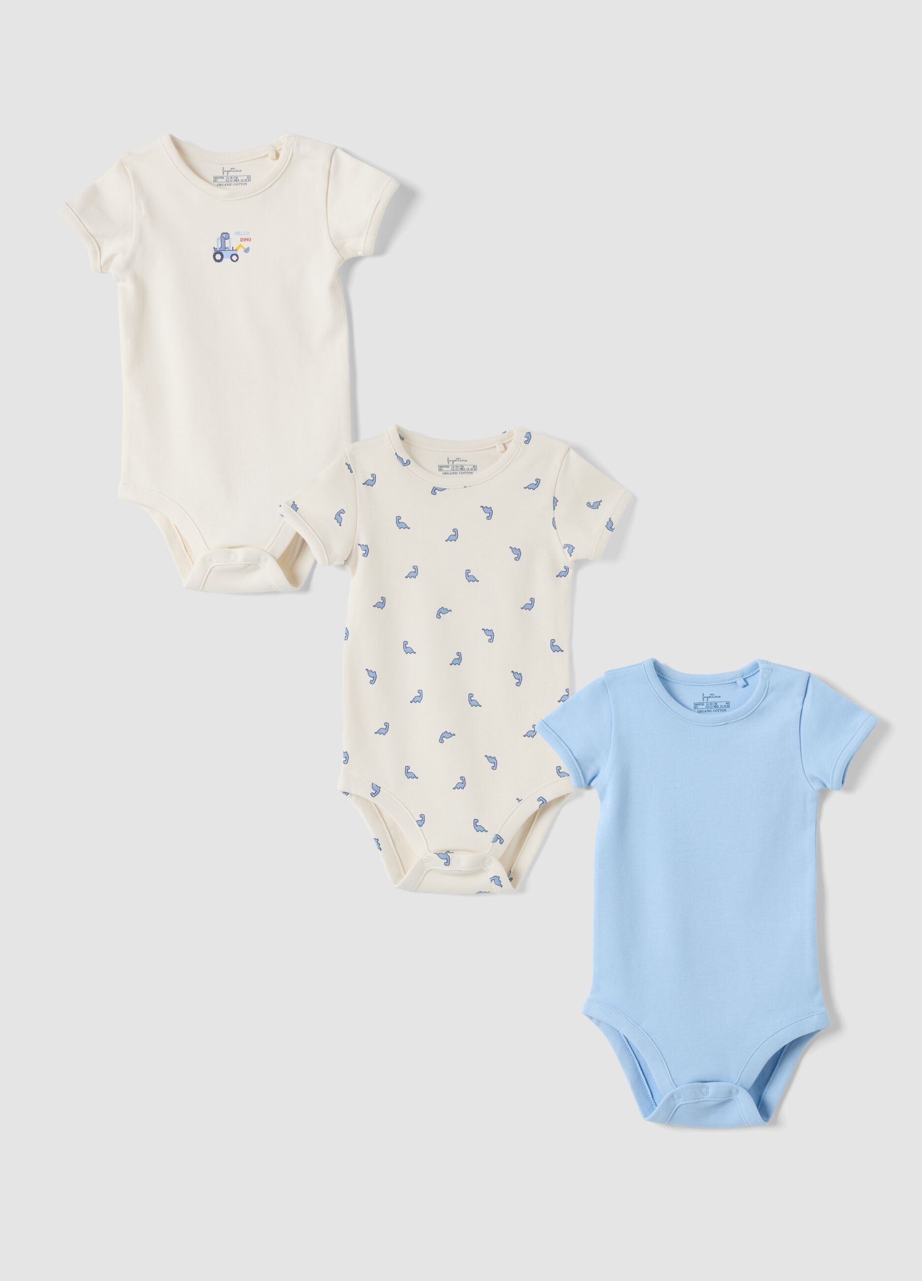 Tripack di body azzurri e bianchi in puro cotone organico con fantasia