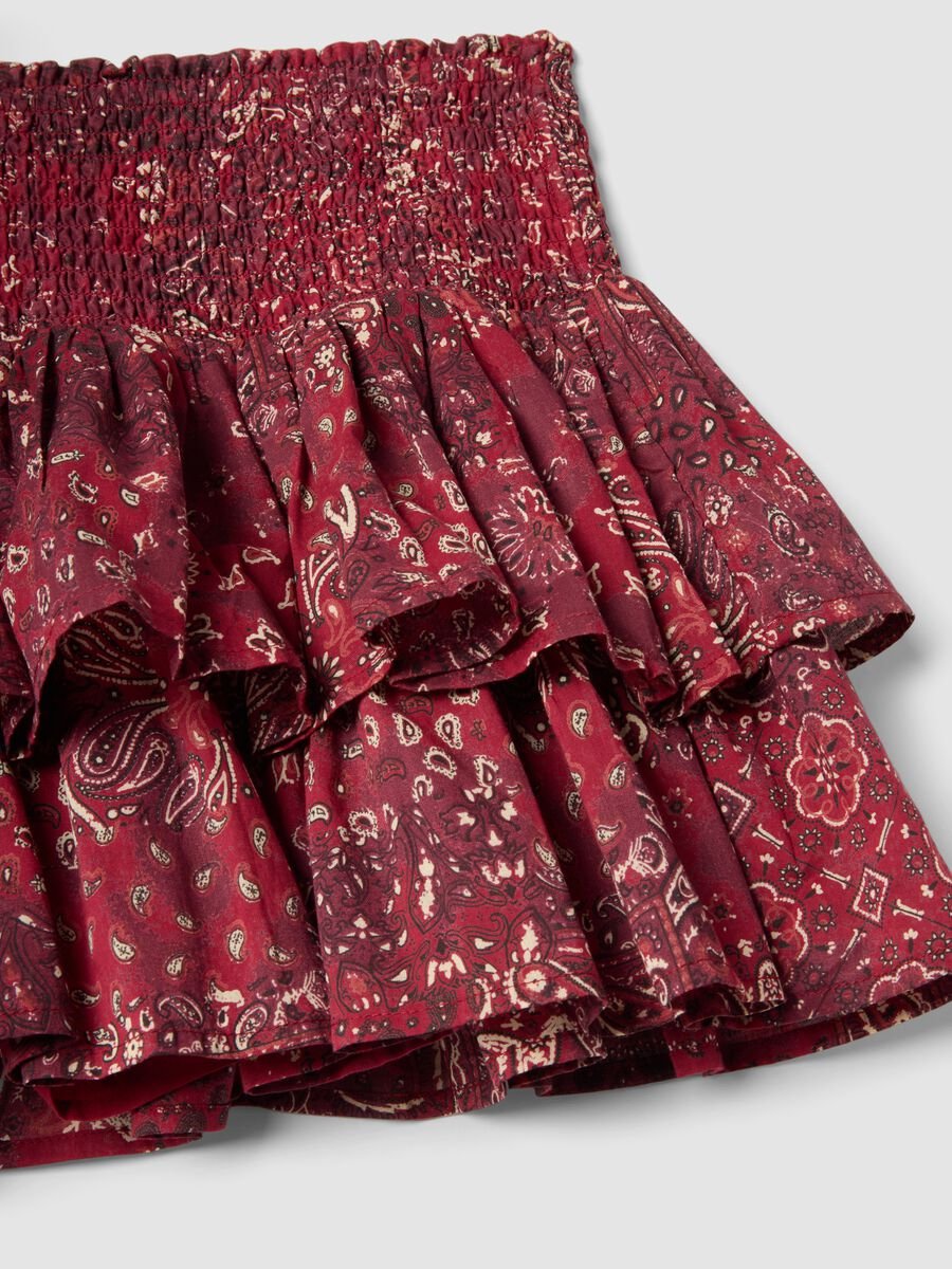 Minigonna in puro cotone rossa con balze e fantasia_5