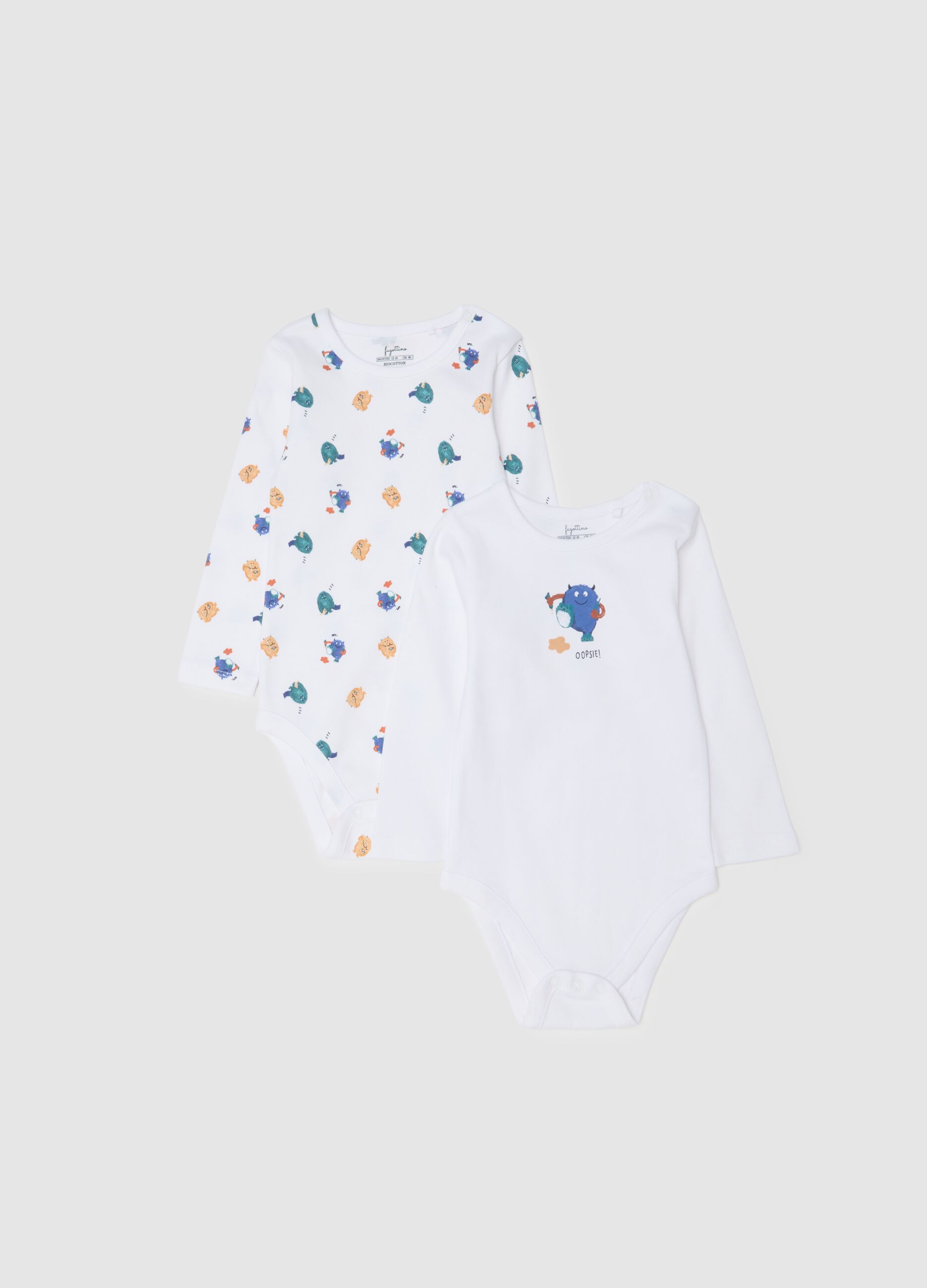 Bipack di body da neonato in puro cotone bianco con stampa