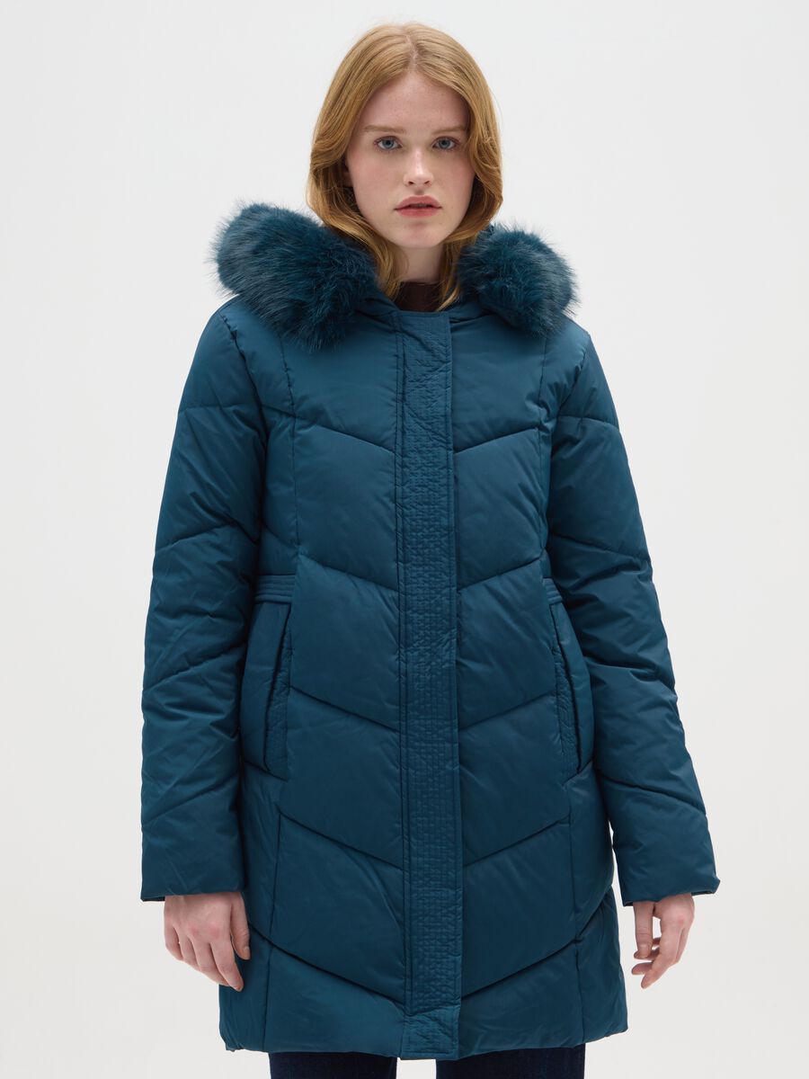 Long Blue Hooded Down Jacket_0