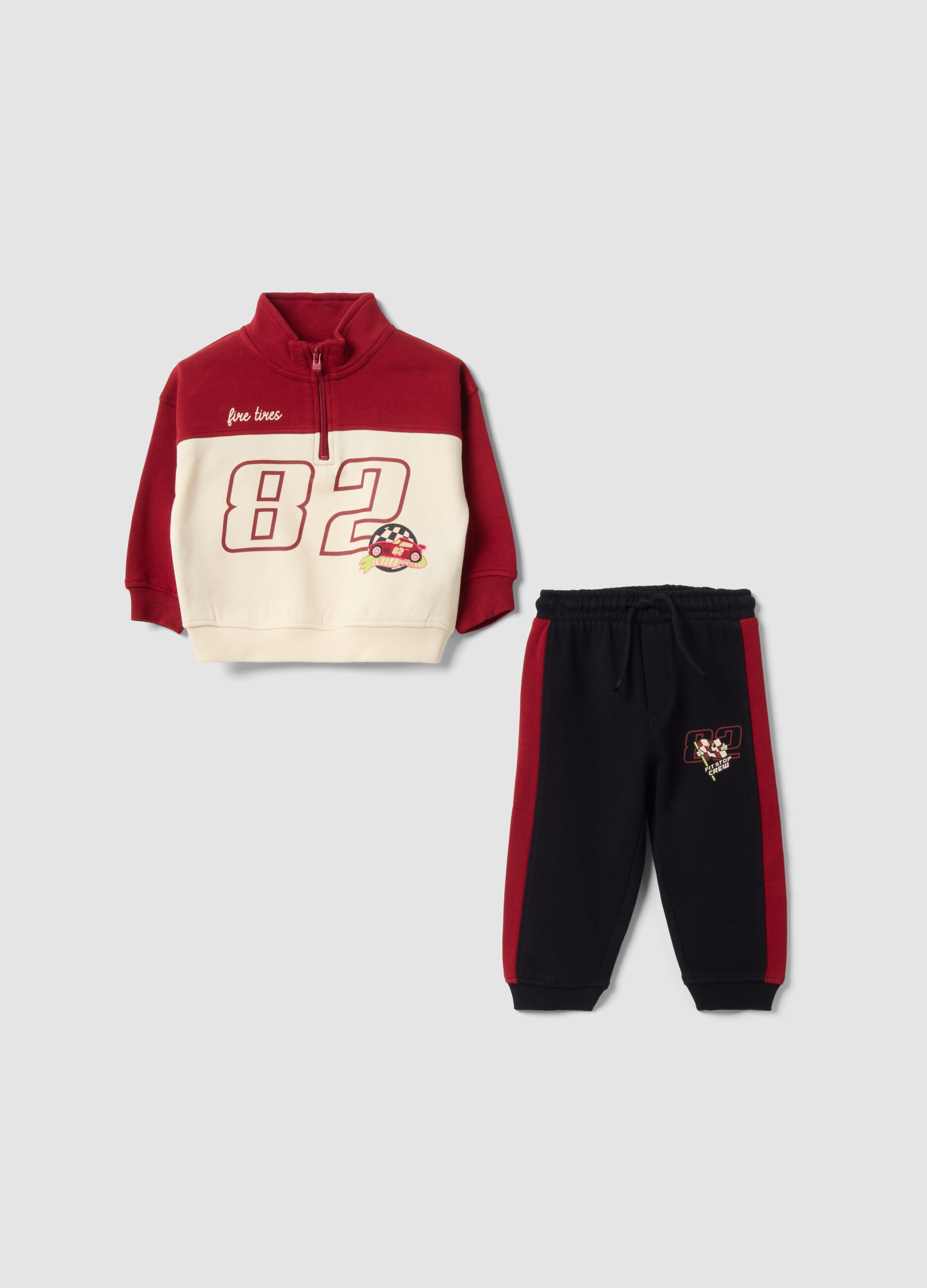 Red pure cotton set with half-zip collar for boys