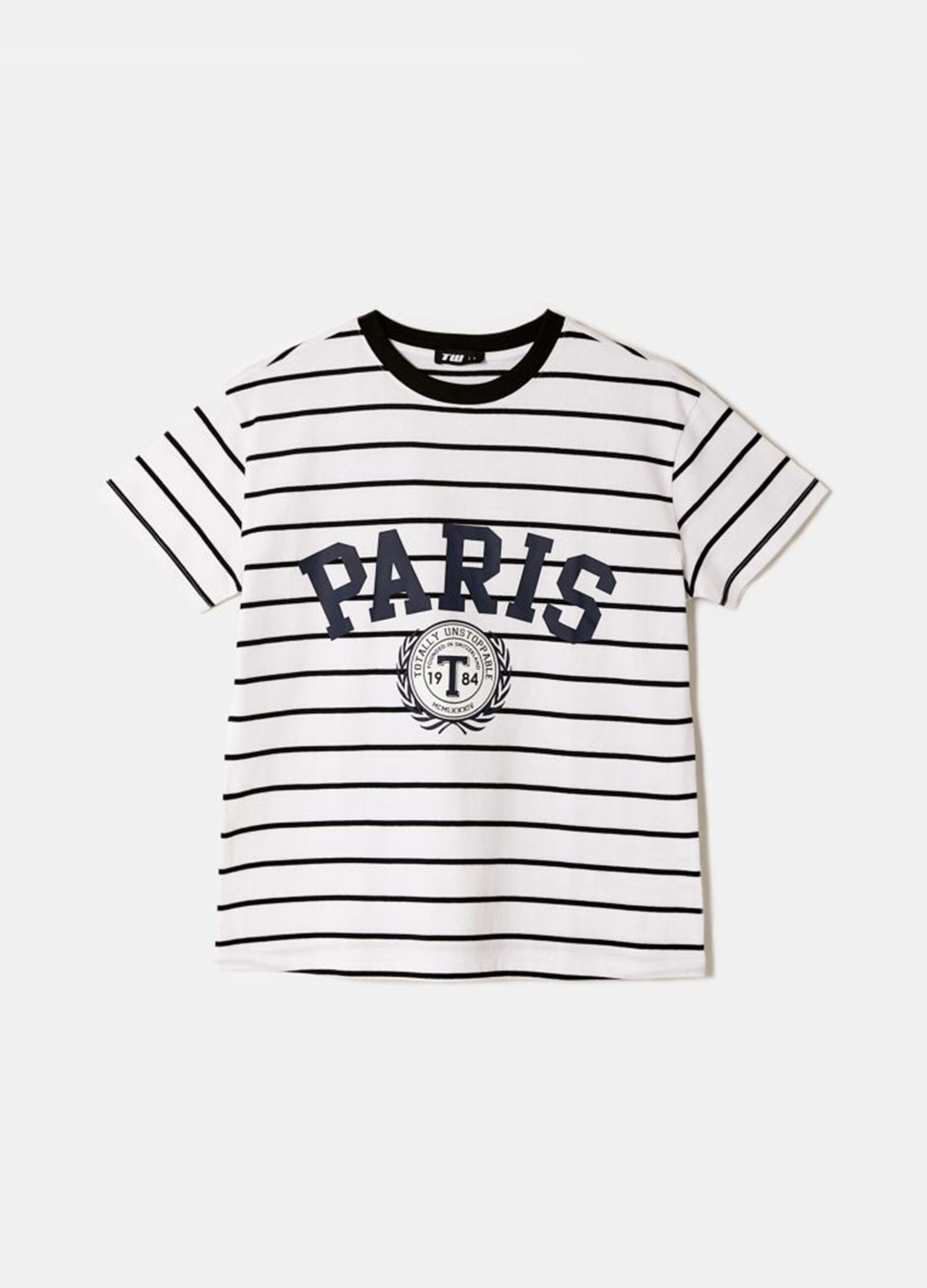 White striped pure cotton T-shirt with "Paris" print, regular fit