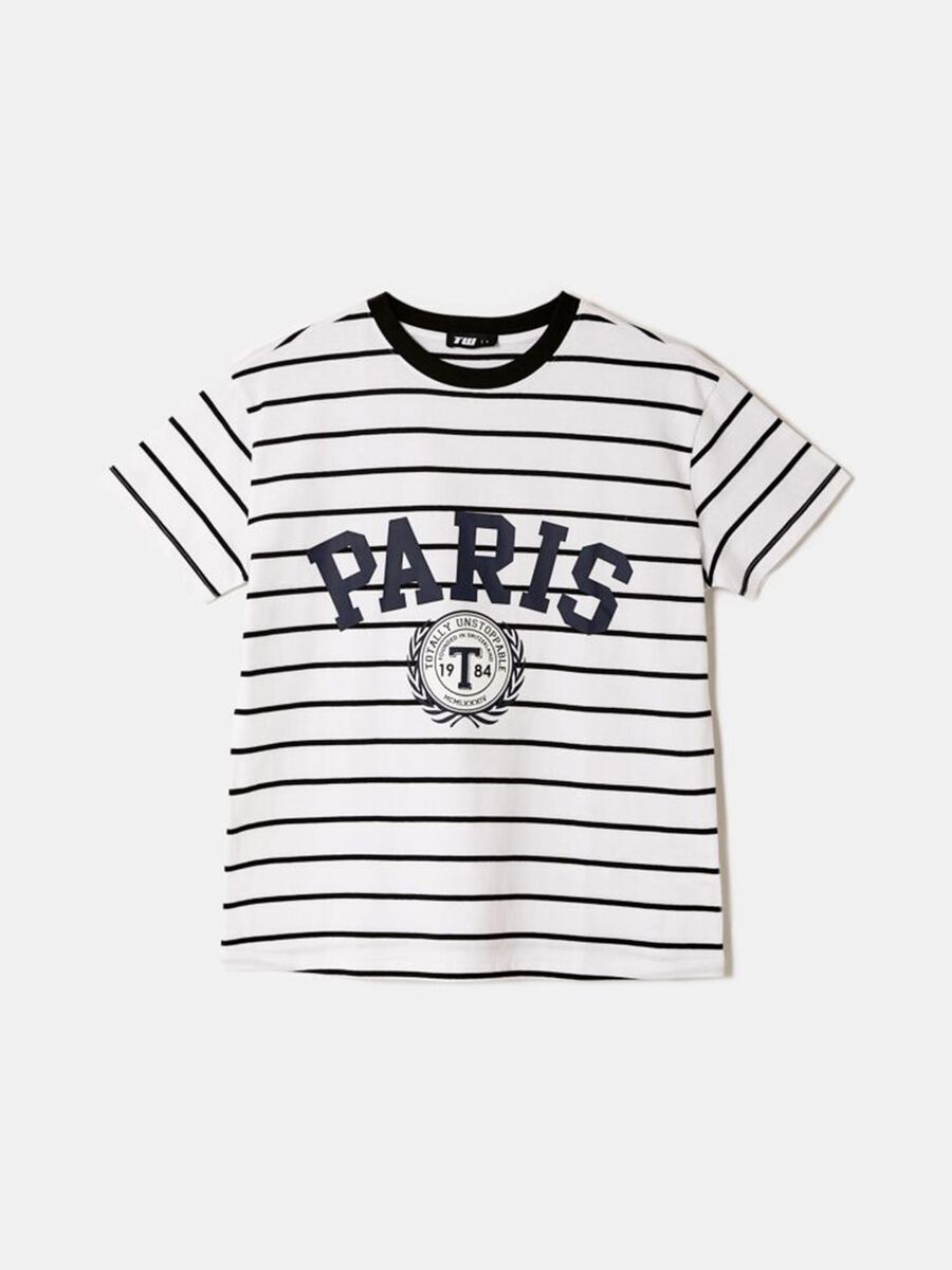 White striped pure cotton T-shirt with "Paris" print, regular fit_0
