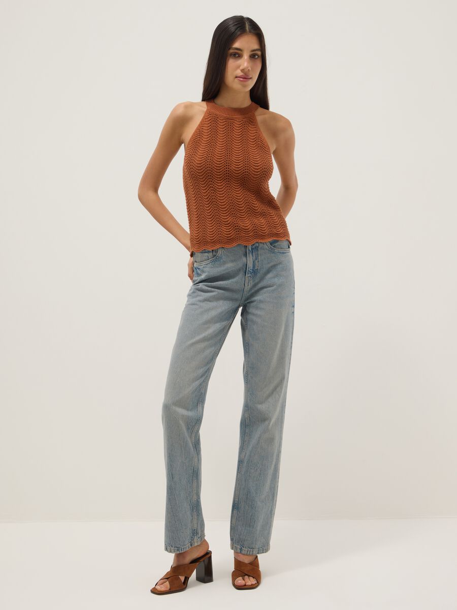 Regular fit orange pure cotton tank top with mesh texture_1