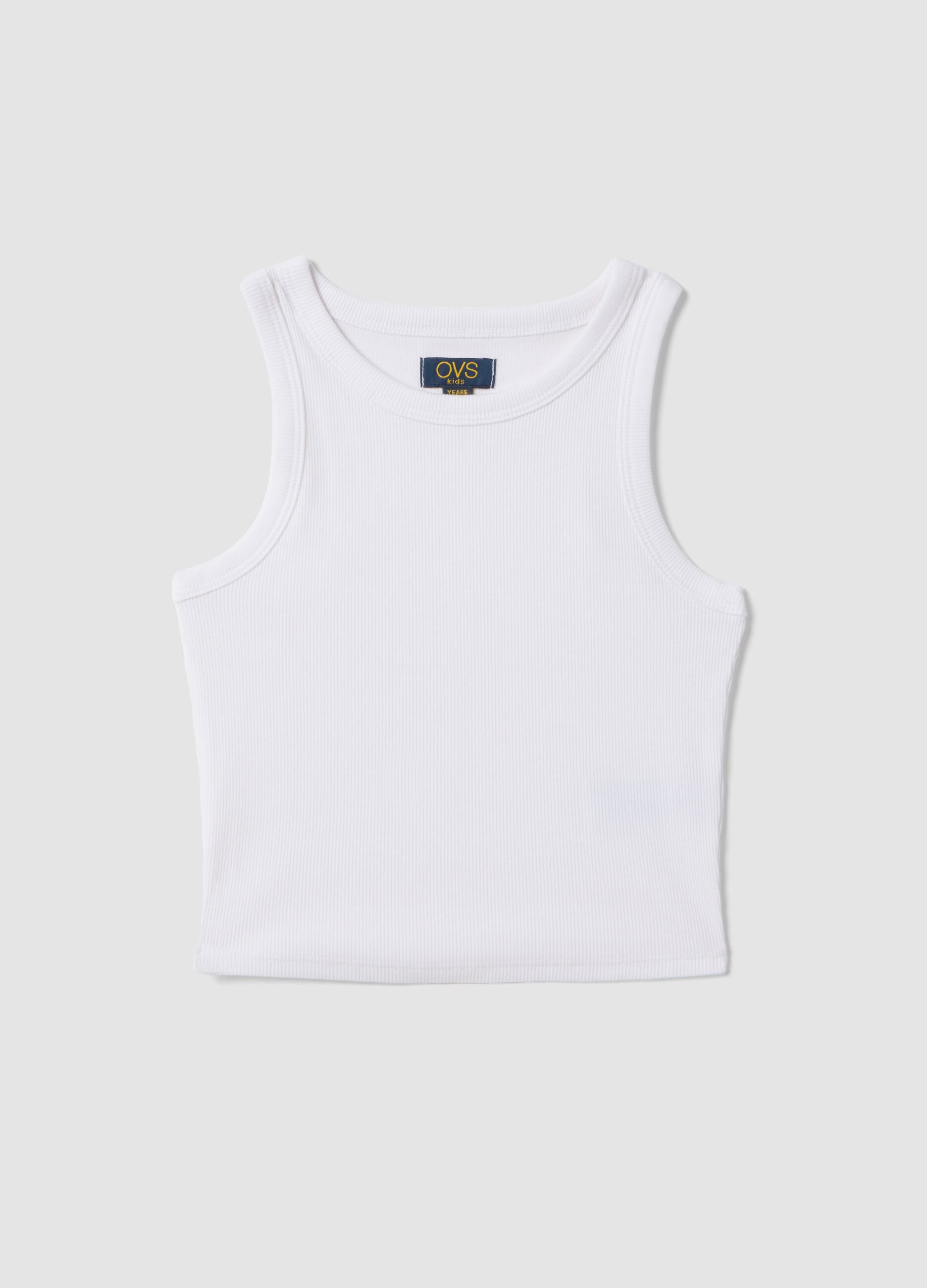 Girls&rsquo; white ribbed fitted stretch-cotton vest top