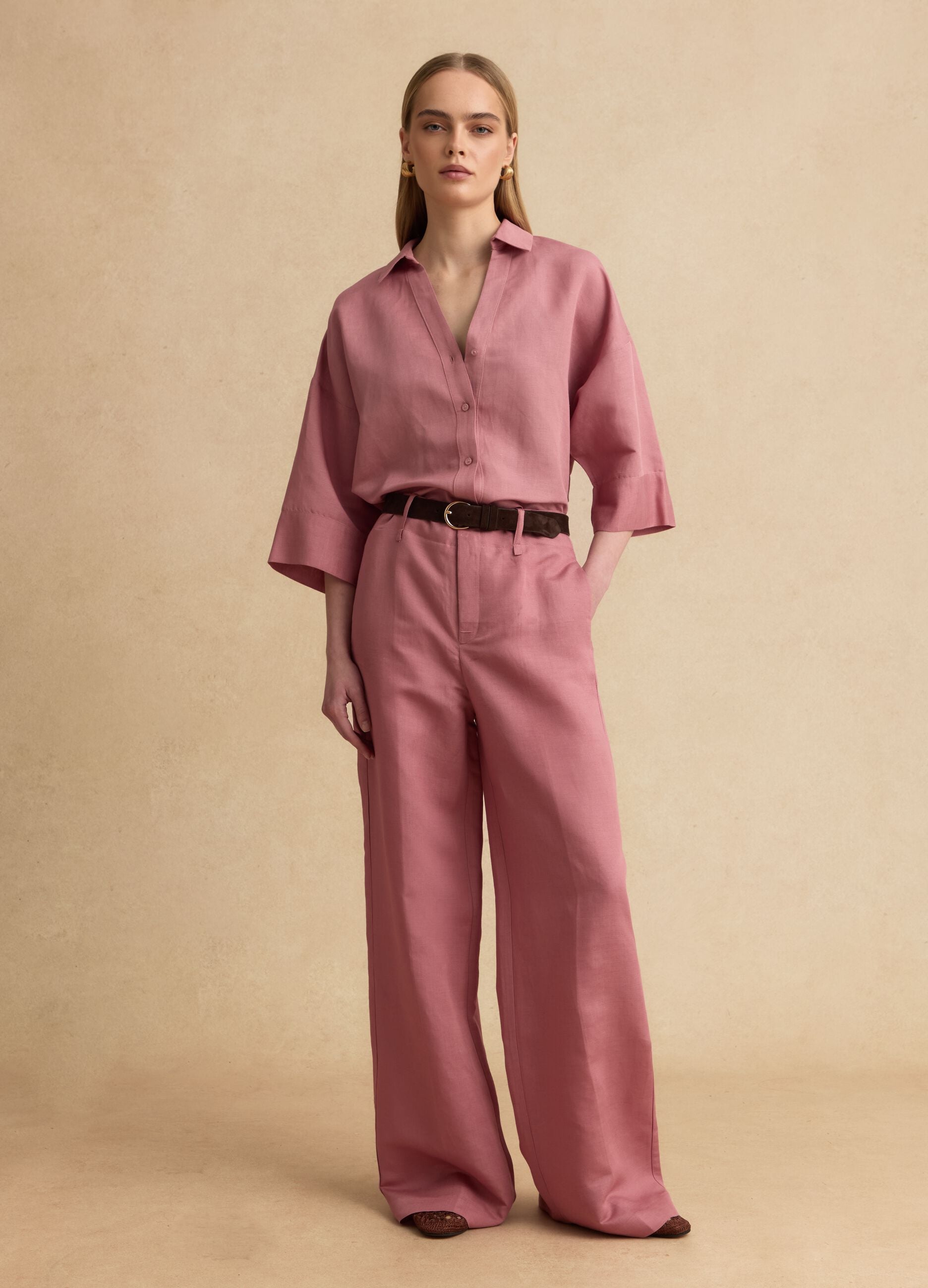 Pink linen-viscose blend wide-leg trousers with structured waistband
