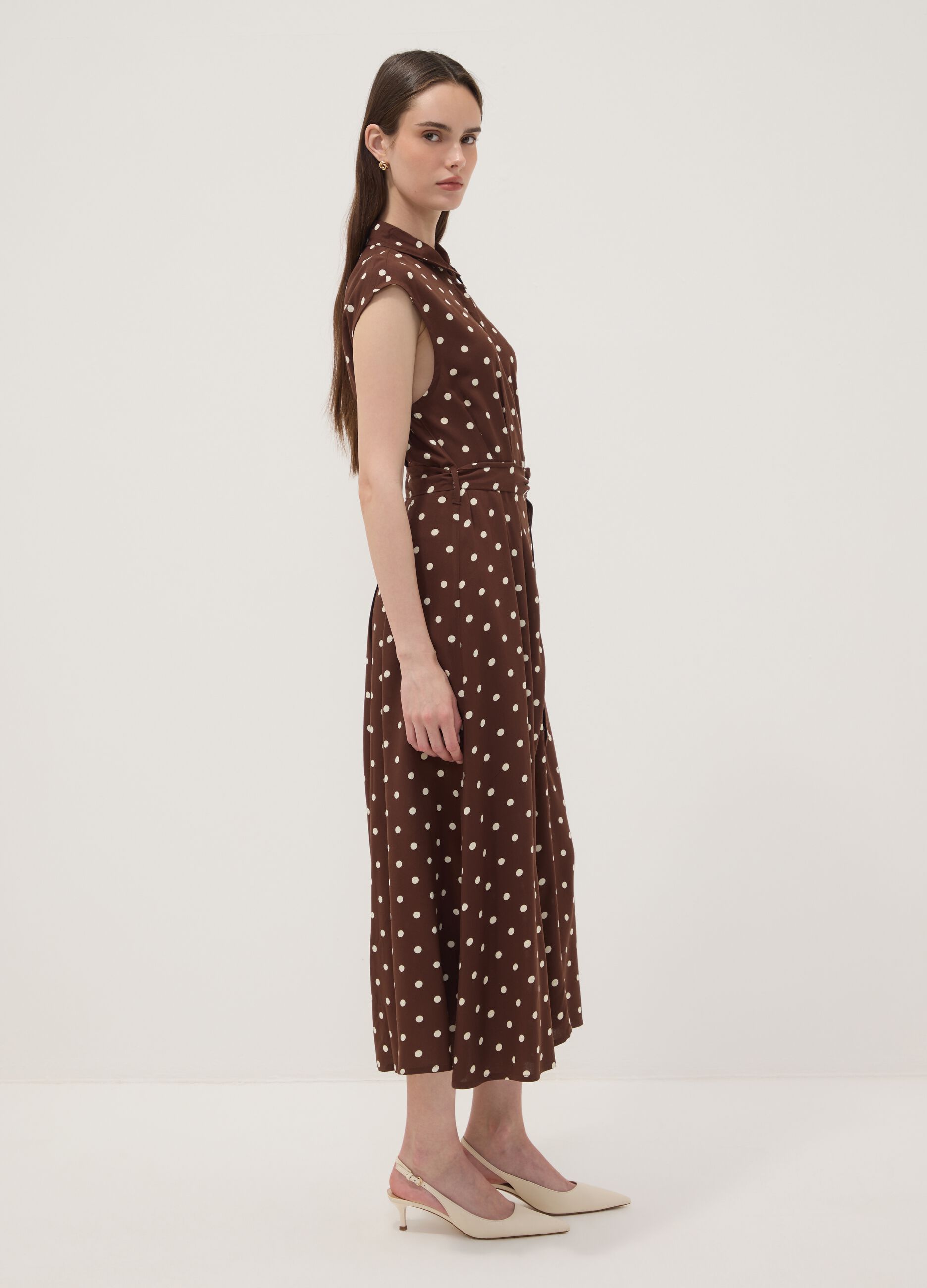 Brown midi dress in pure viscose with polka dots, regular fit