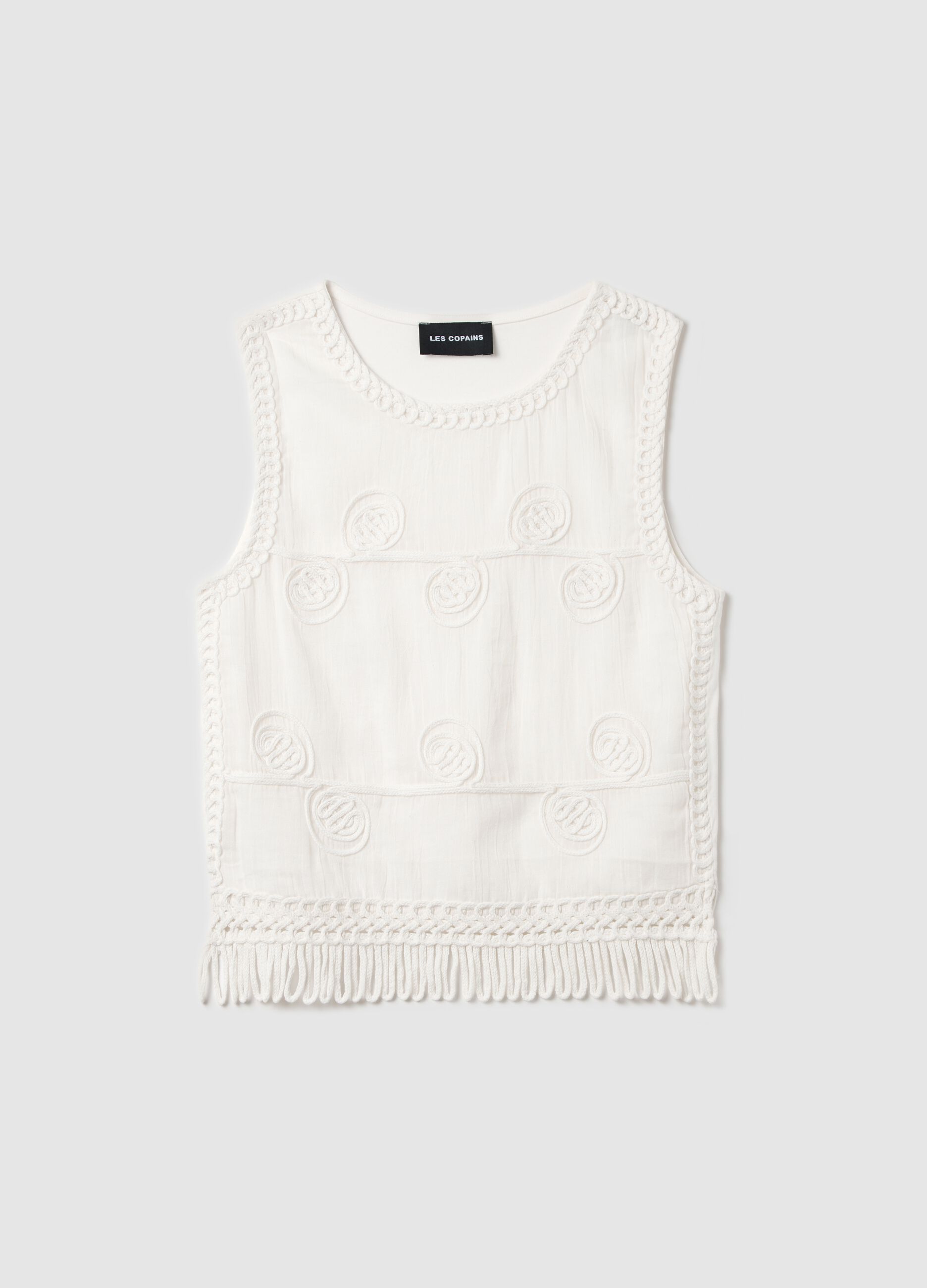 White sleeveless top in 100% cotton with woven details
