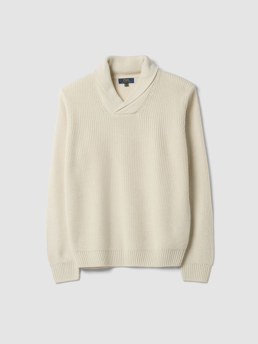 Beige ribbed shawl-collar jumper, regular fit_0