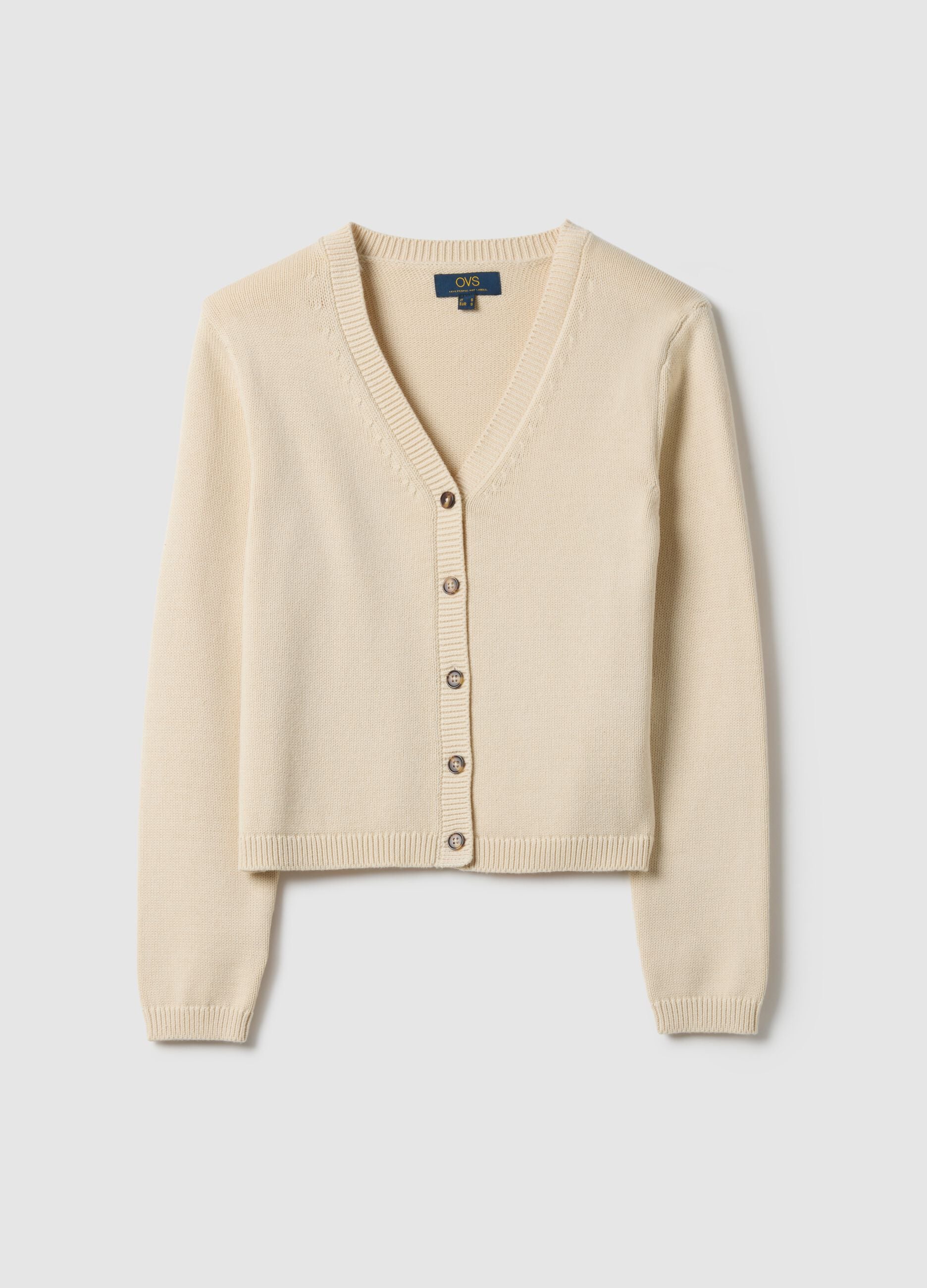 Cardigan beige con scollo a V in puro cotone regular fit