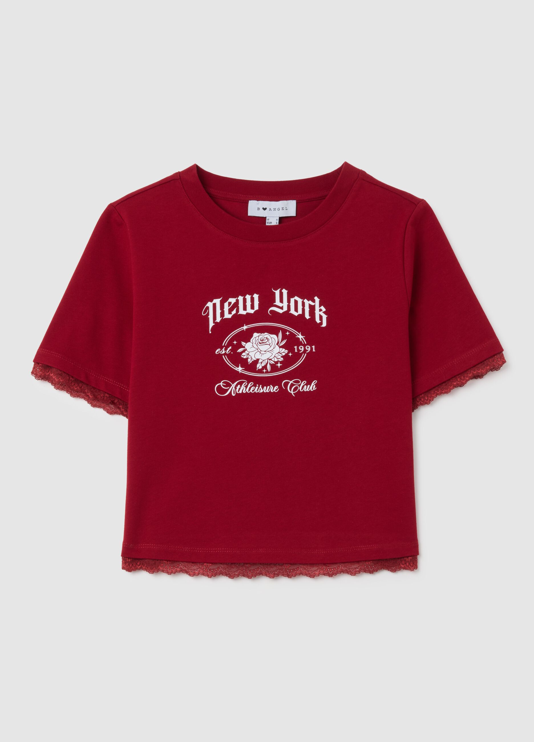 T-shirt in puro cotone rossa con pizzo