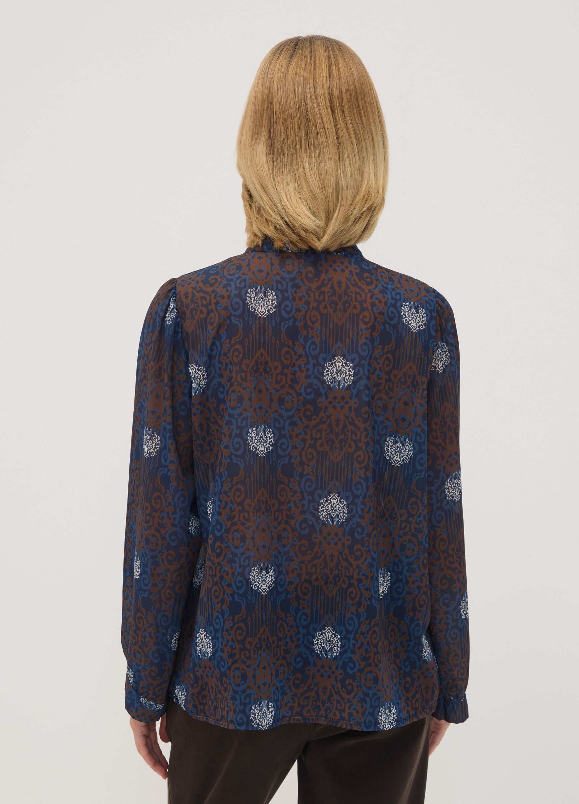 Blue and brown blouse with bow and all-over print, regular fit
