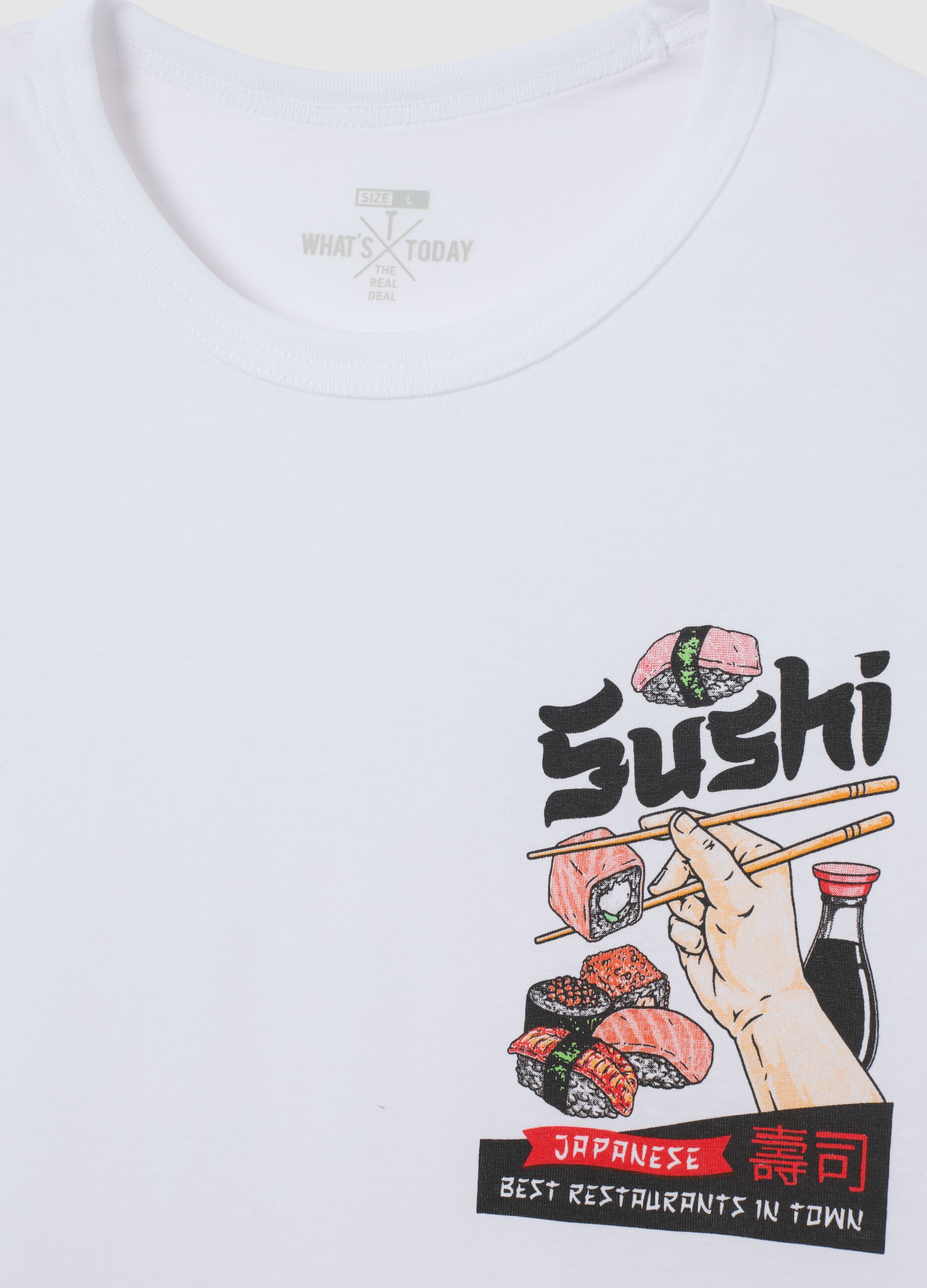White pure cotton t-shirt regular fit with sushi print