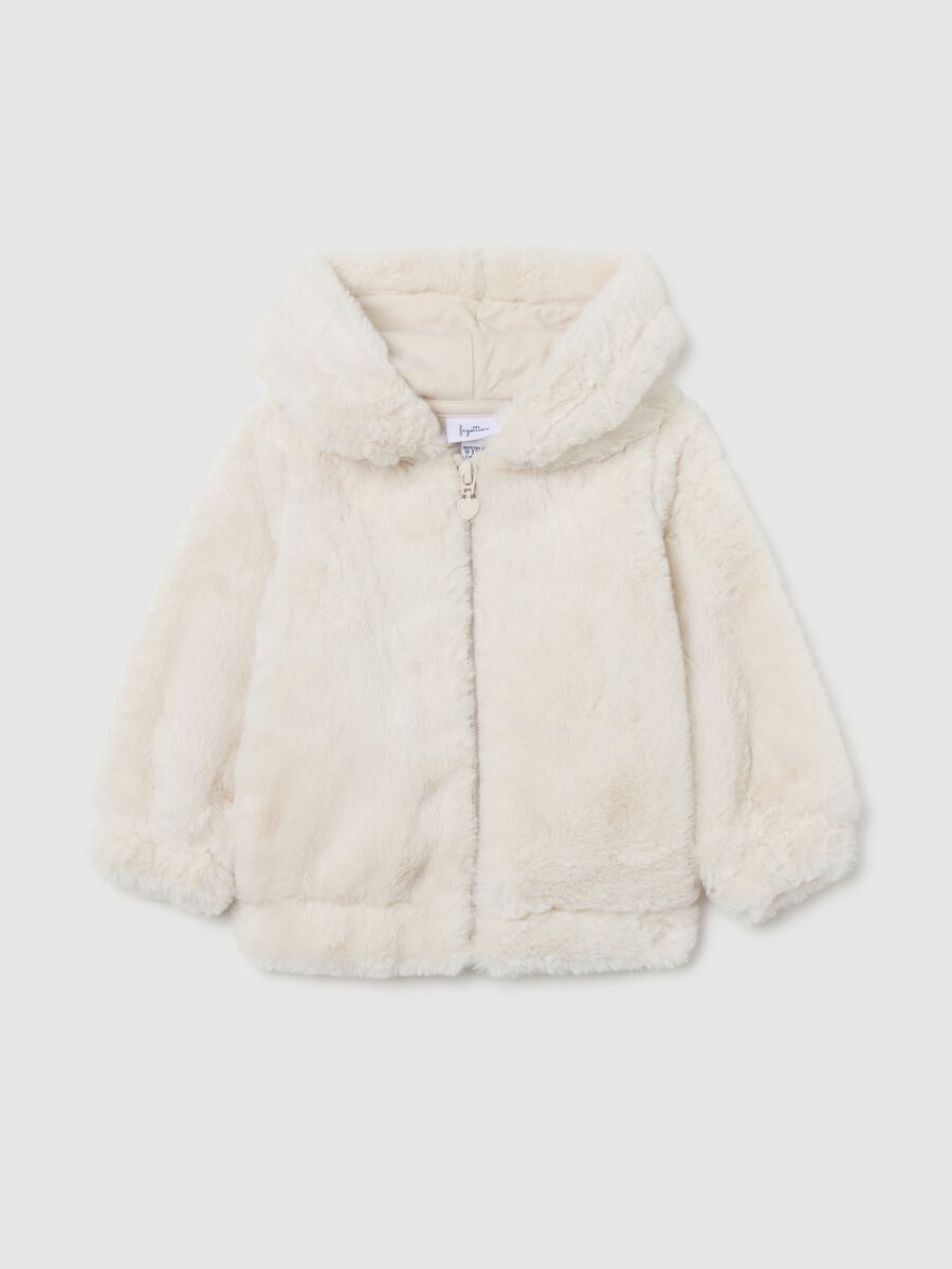 Beige regular fit zip-up hoodie for girls_0