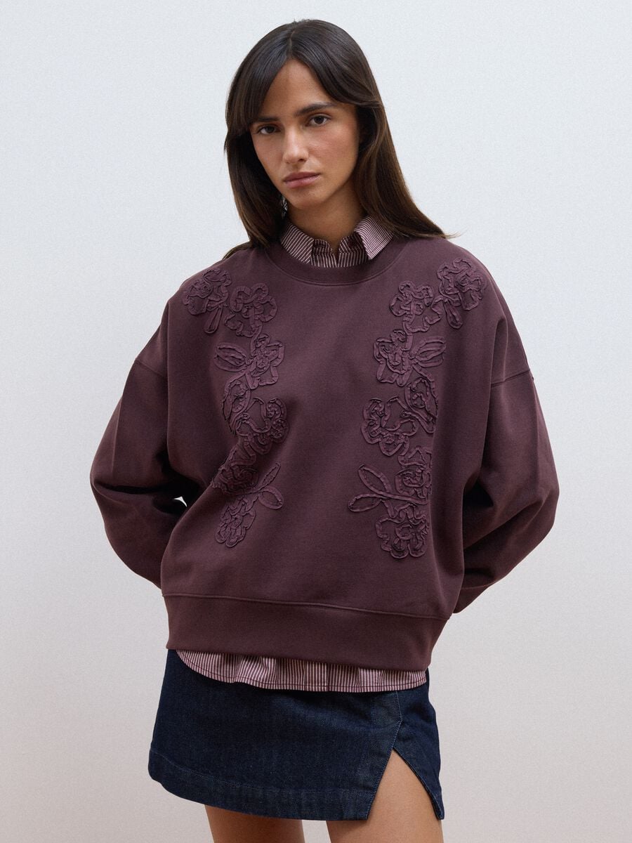 Purple cotton-blend crew-neck sweatshirt with floral embroidery_0