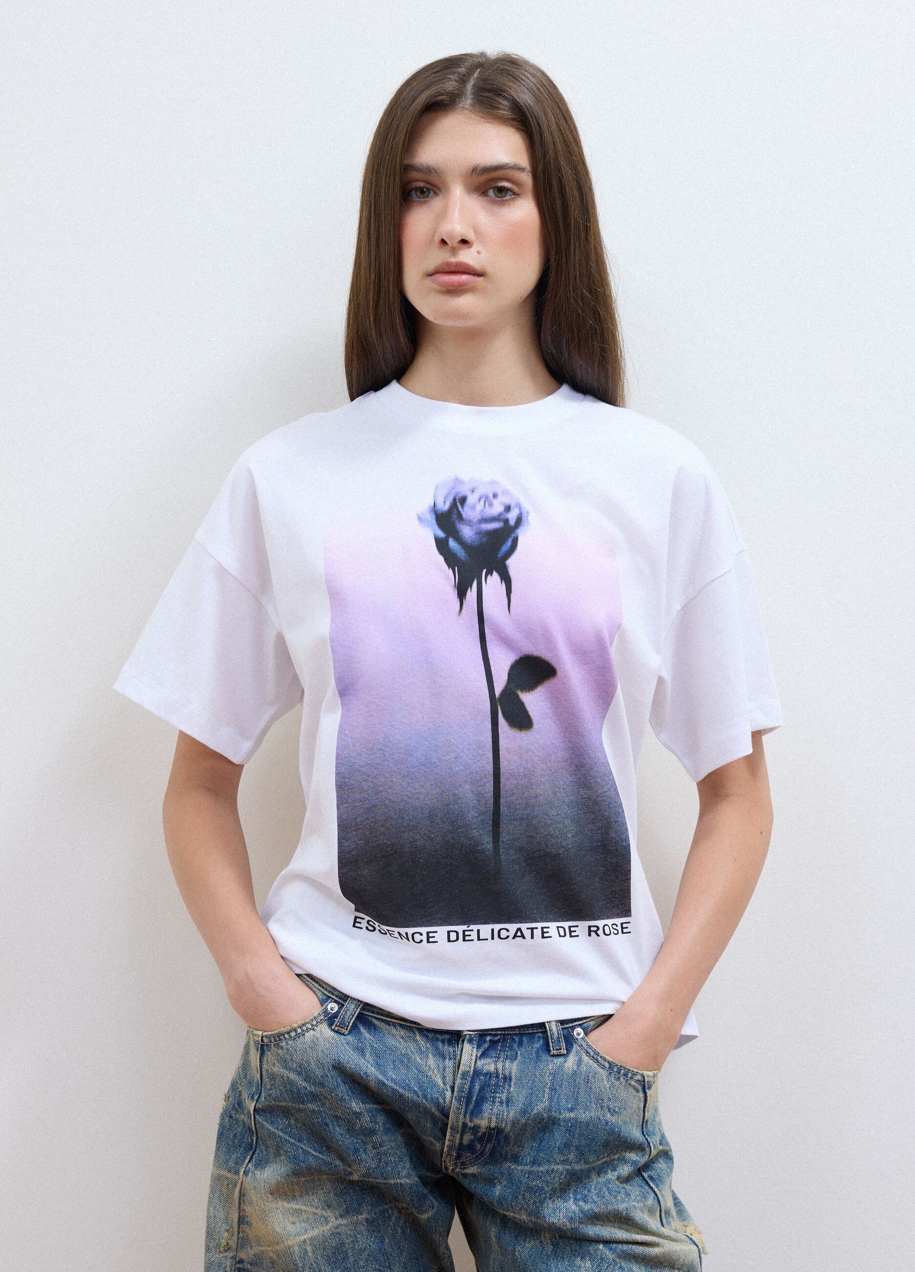 White pure cotton T-shirt with floral print, regular fit