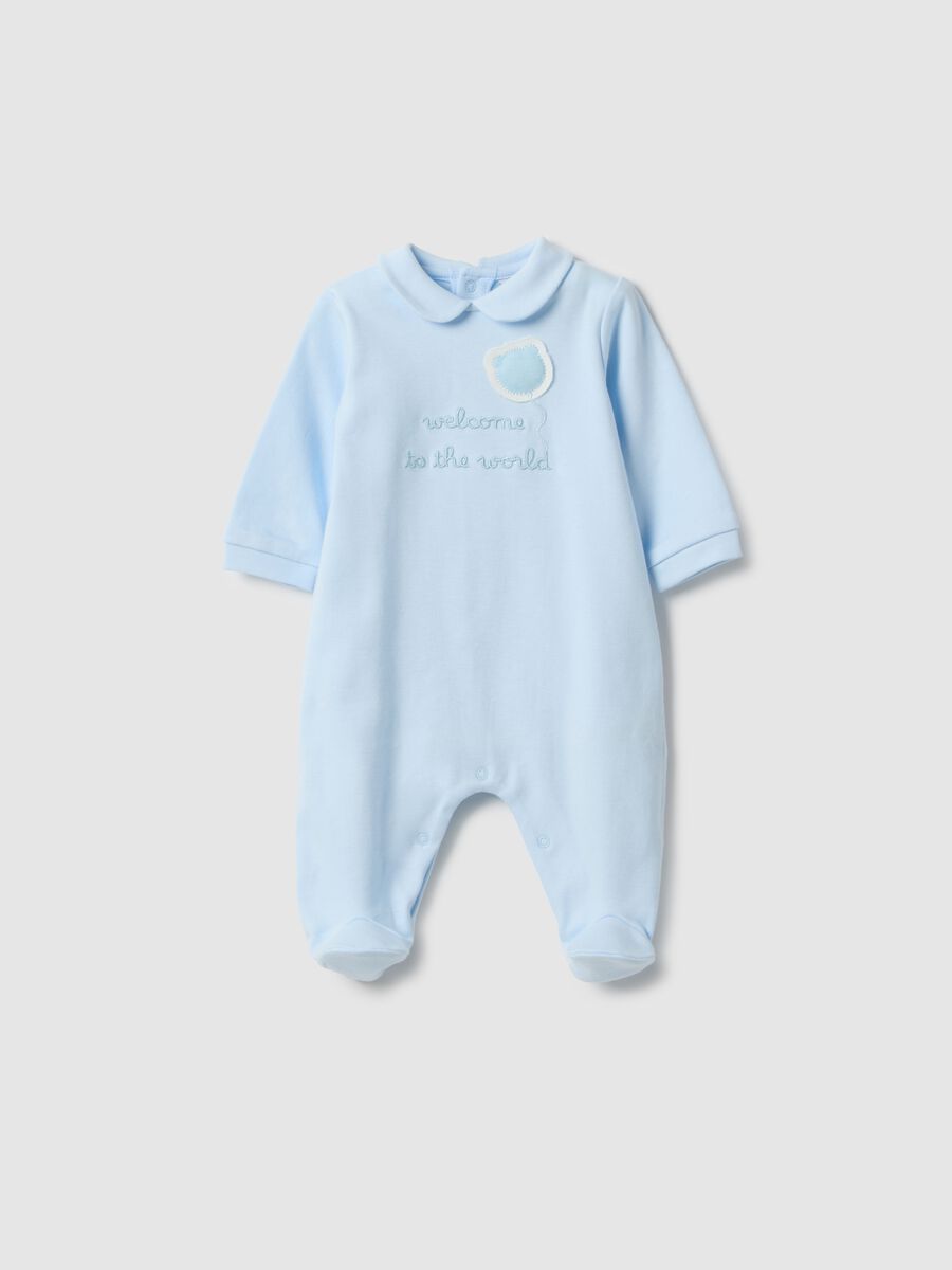 Blue pure cotton baby romper with long sleeves and embroidery_0