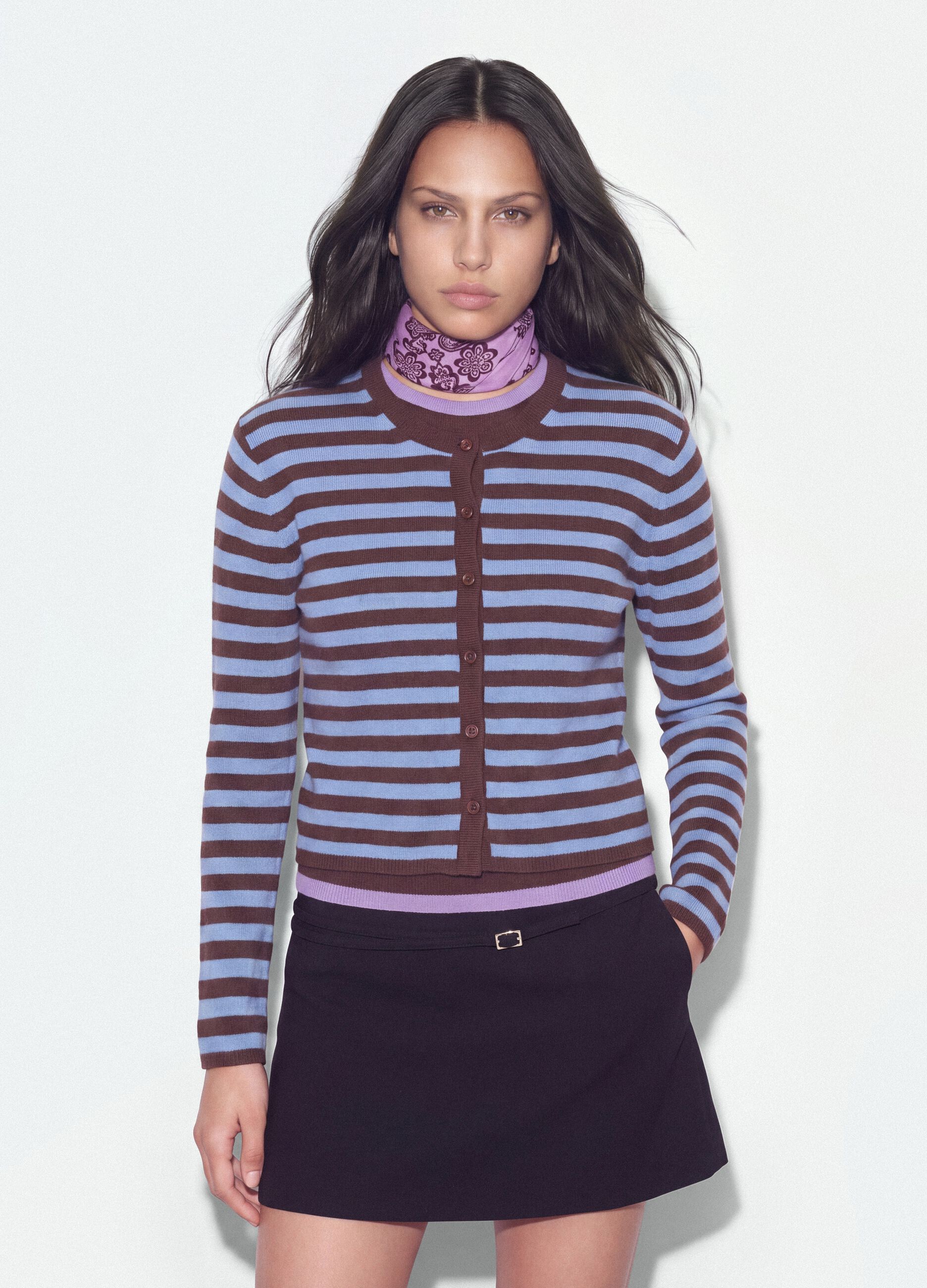 Blue crew-neck striped oversized cardigan in lyocell and wool blend